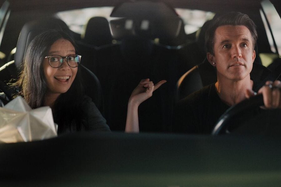 Charlotte Nicdao as Poppy and Rob McElhenney as Ian on Mythic Quest Season 4 Episode 10, "Heaven and Hell."