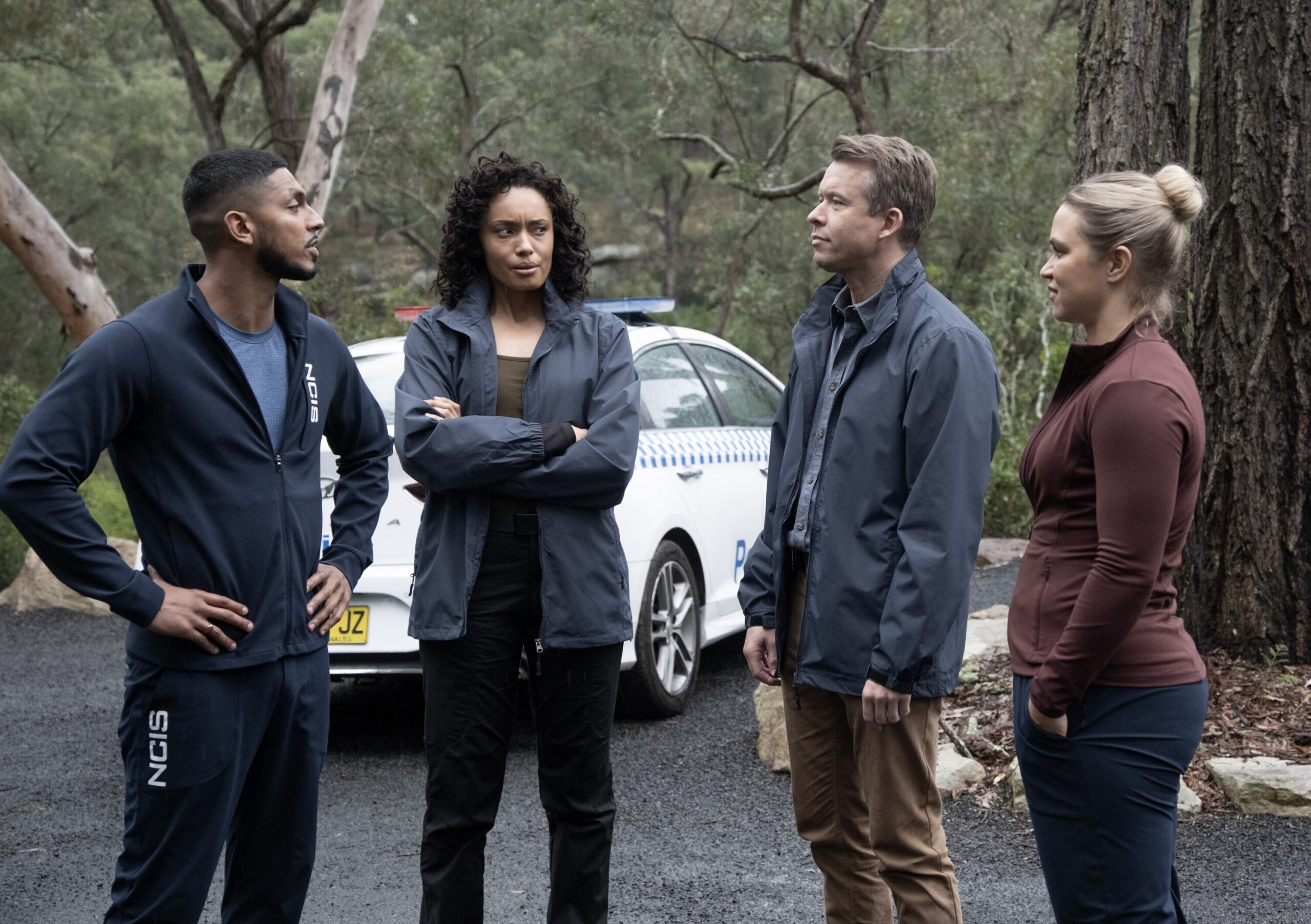NCIS: Sydney Season 2 Episode 6, "Hell Weak" -- Sean Sagar as Special Agent DeShawn Jackson, Olivia Swann as NCIS Special Agent Captain Michelle Mackey, Todd Lasance as AFP Liaison Officer Sergeant Jim 'JD' Dempsey and Tuuli Narkle as AFP Liaison Officer Constable Evie Cooper