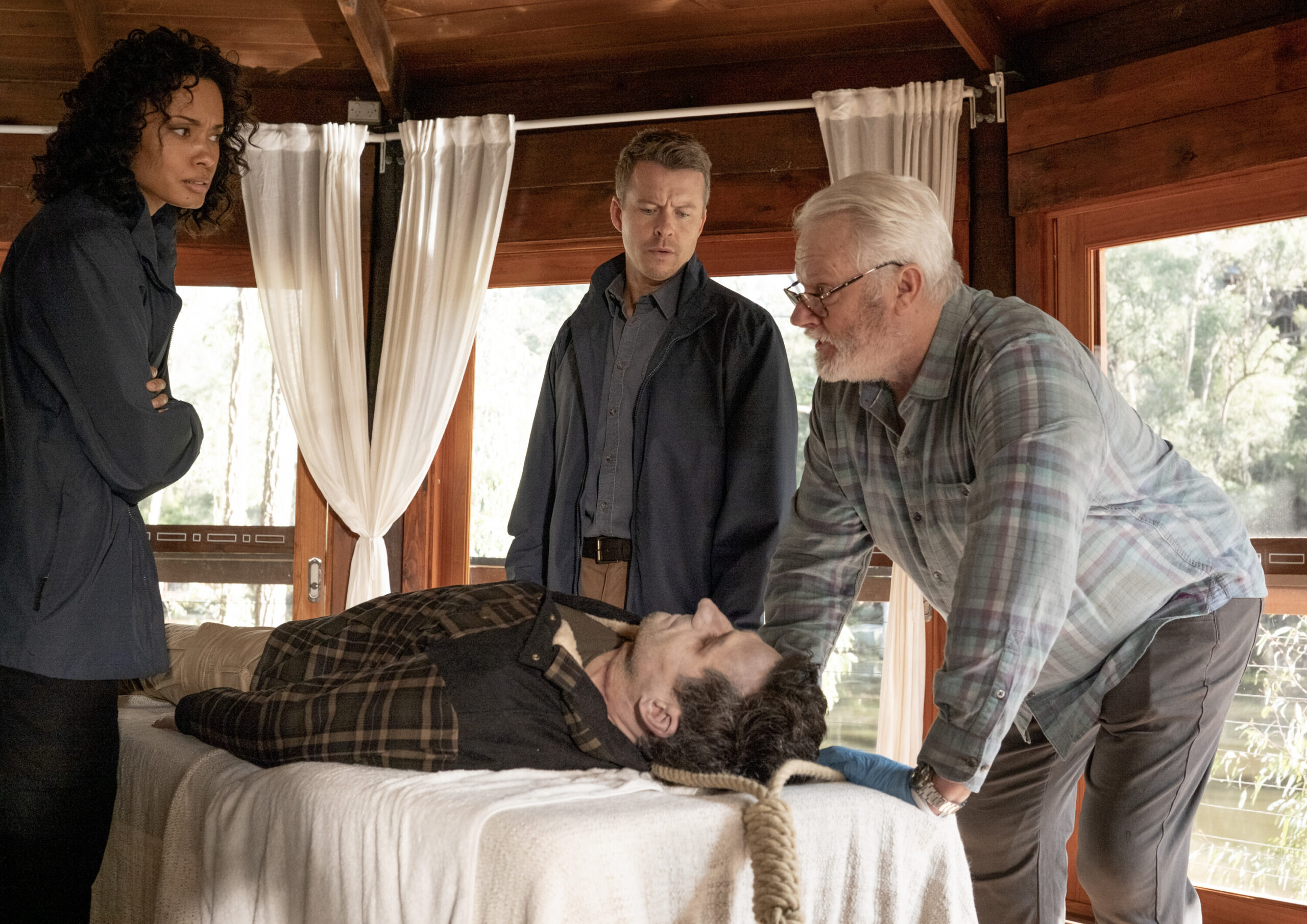 NCIS: Sydney Season 2 Episode 6, "Hell Weak" -- Olivia Swann as NCIS Special Agent Captain Michelle Mackey, Todd Lasance as AFP Liaison Officer Sergeant Jim 'JD' Dempsey and William McInnes as Forensic Pathologist Dr. Roy Penrose