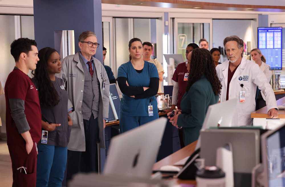 Chicago Med - Season 10 | Tell-Tale TV Chicago Med Season 10 Episode 15 "Down In A Hole" - (l-r) Darren Barnet as Dr. John Frost, Marlyne Barrett as Maggie Lockwood, Oliver Platt as Dr. Daniel Charles, Lorena Diaz as Nurse Doris, and Steven Weber as Dr. Dean Archer
