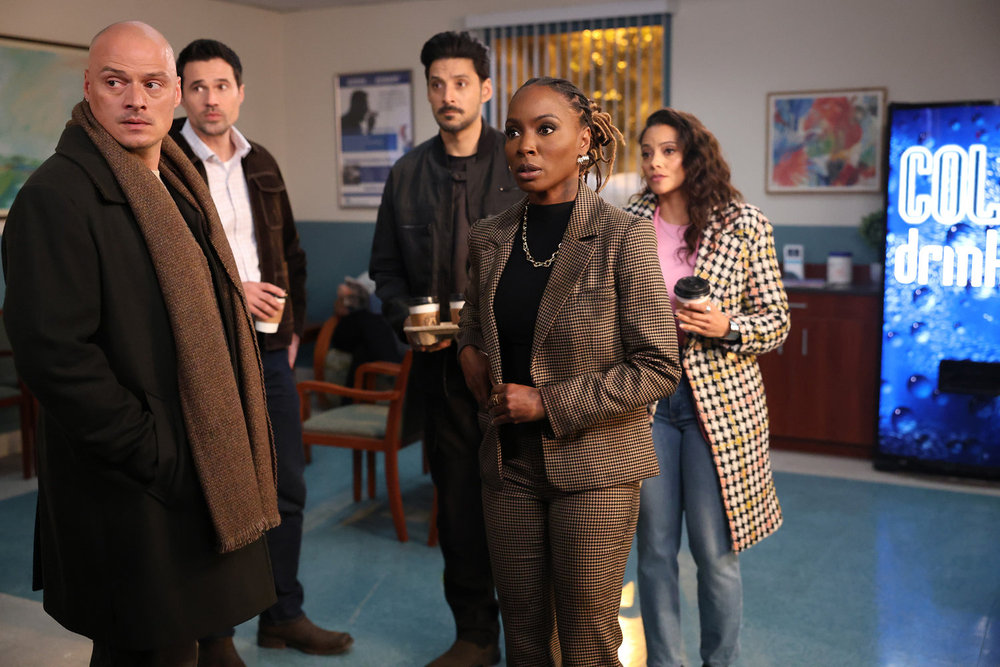 Still from Found Season 2 Episode 18 of Lee Osorio as Ethan, Brett Dalton as Detective Mark Trent, Karan Oberoi as Dahn, Shanola Hampton as Gabi Mosely, and Gabrielle Walsh as Lacey pictured from left to right.