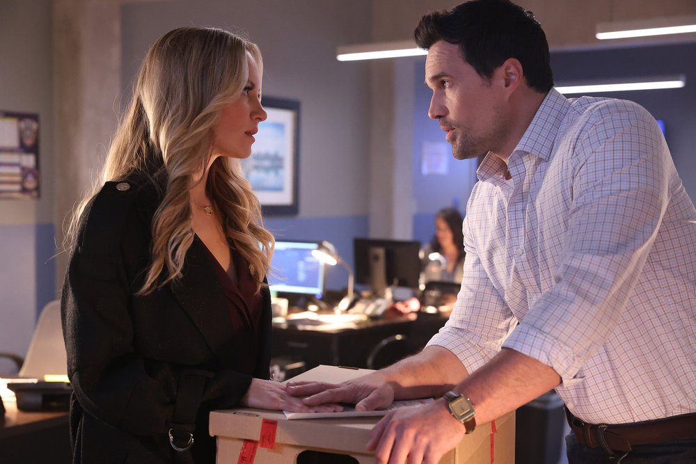 Still from Found Season 2 Episode 18 of Danielle Sarve as Heather and Brett Dalton as Detective Mark Trent pictured from left to right.