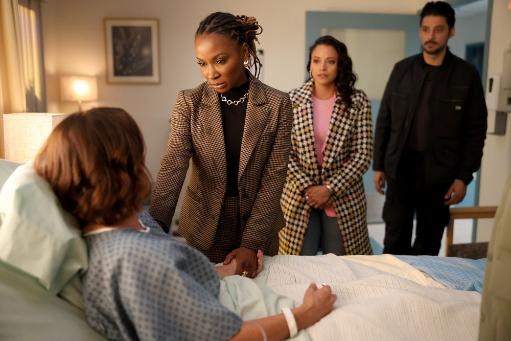 Still from Found Season 2 Episode 18 of Shanola Hampton as Gabi Mosely, Gabrielle Walsh as Lacey, and Karan Oberoi as Dahn pictured from left to right.
