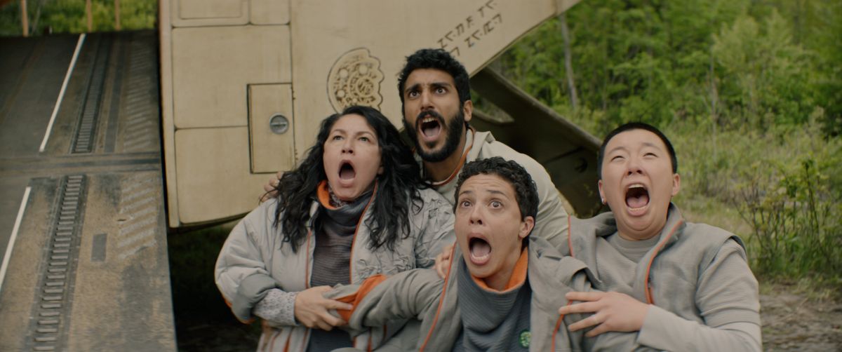 Murderbot Season 1 Episode 7 Complementary Species 2 | Tell-Tale TV Tamara Podemski as Bharadwaj, Akshay Khanna as Ratthi, Tattiawna Jones as Arada, and Sabrina Wu as Pin-Lee on Murderbot Season 1 Episode 7, "Complementary Species."