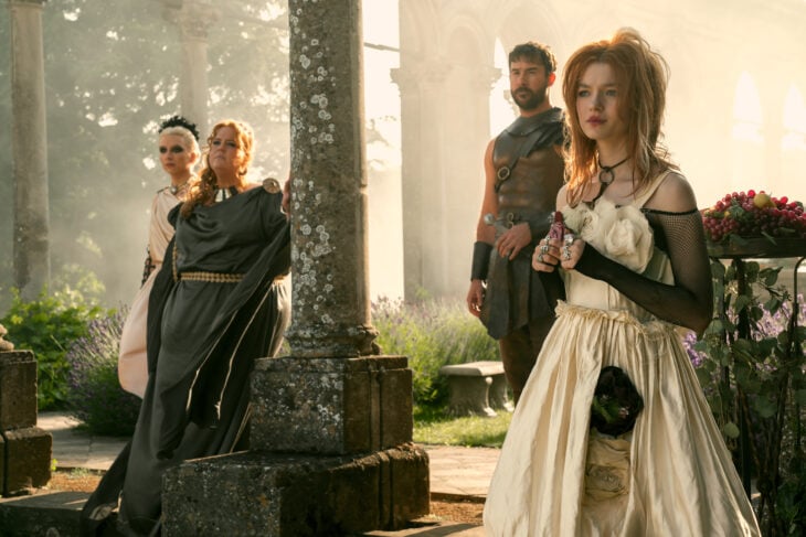 The Sandman Season 2 Episode 5 - (l-r) Mason Alexander Park as Desire, Donna Preston as Despair, Barry Sloane as Destruction, Esme Creed-Miles as Delirium