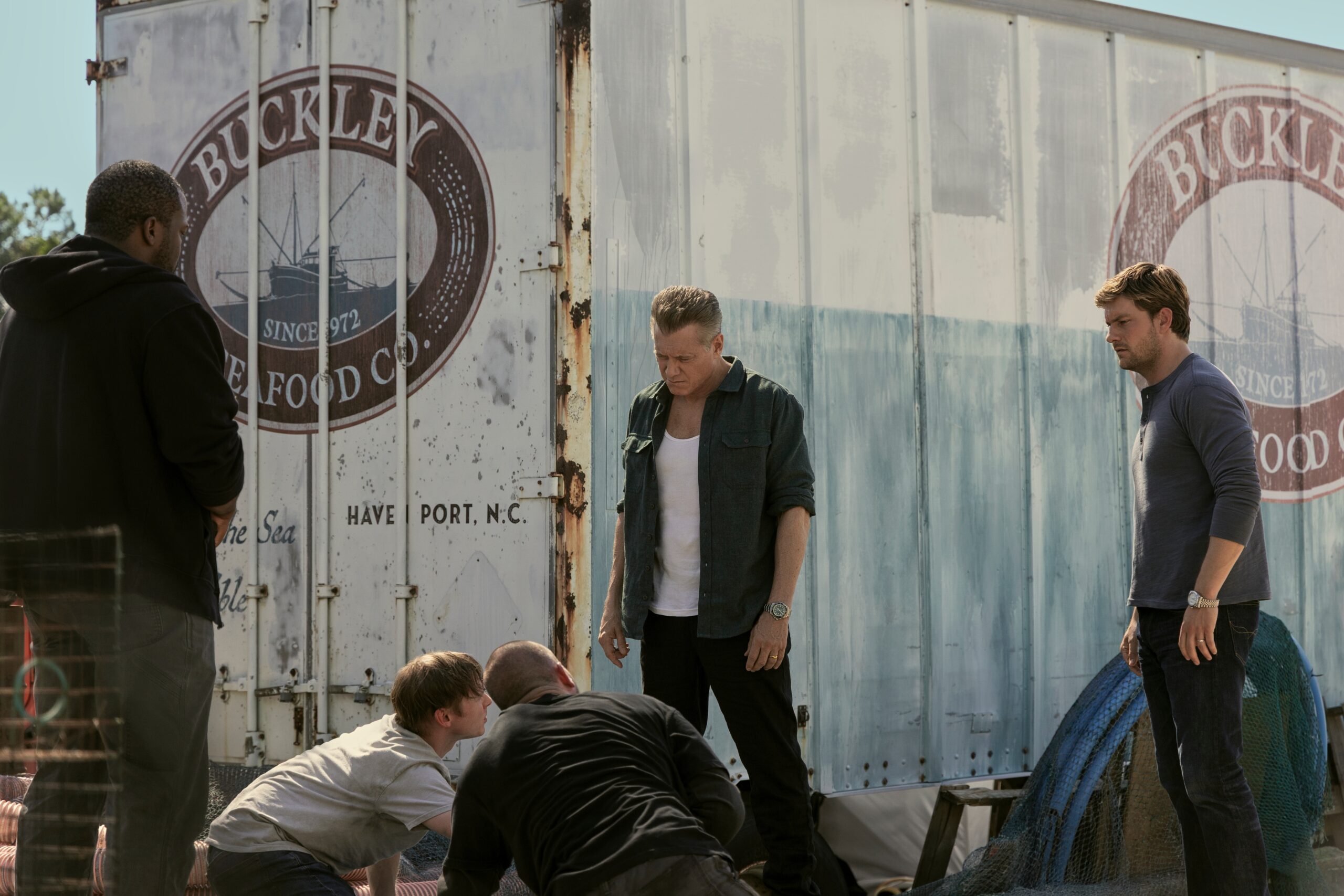The Waterfront Season 1 Episode 3 - (l-r) Brian Ashton Smith as Reggie, Joshua Brady as Hollis, Bryan Terry Snell as Levi, Holt McCallany as Harlan Buckley, and Jake Weary as Cane Buckley