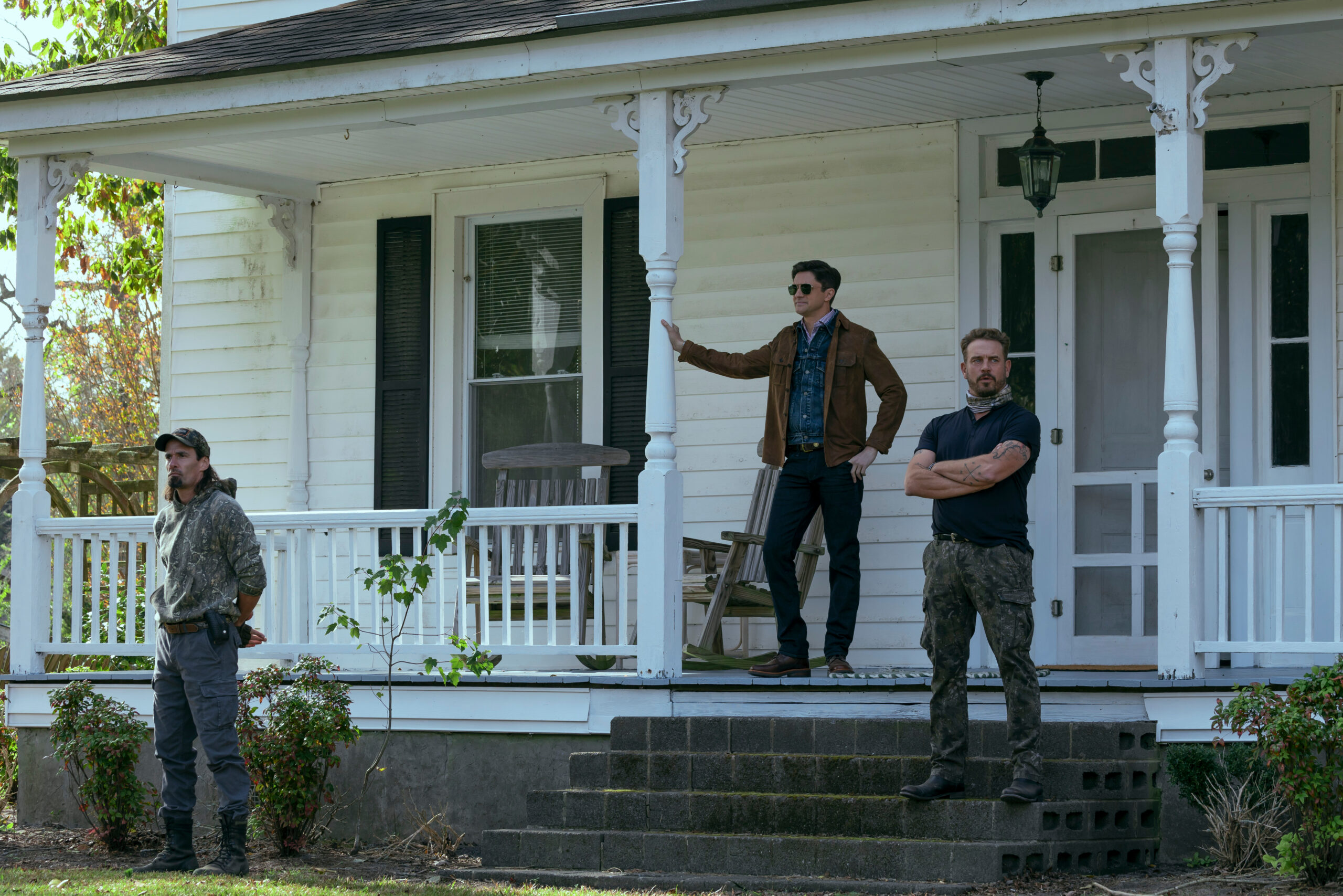 The Waterfront Season 1 Episode 4 (l-r) Tony Demil as Raf, Topher Grace as Grady, and Josh Crotty as Nate