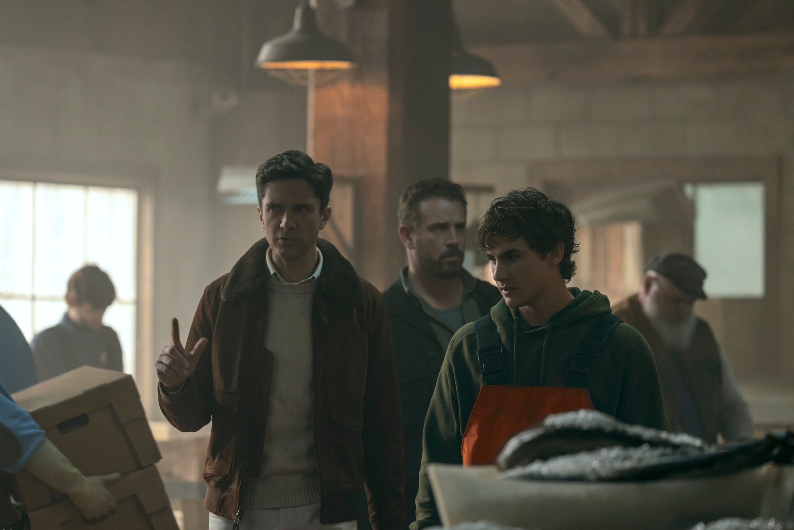 The Waterfront Season 1 Episode 5 - (l-r) Topher Grace as Grady, Josh Crotty as Nate, and Brady Hepner as Diller Hopkins