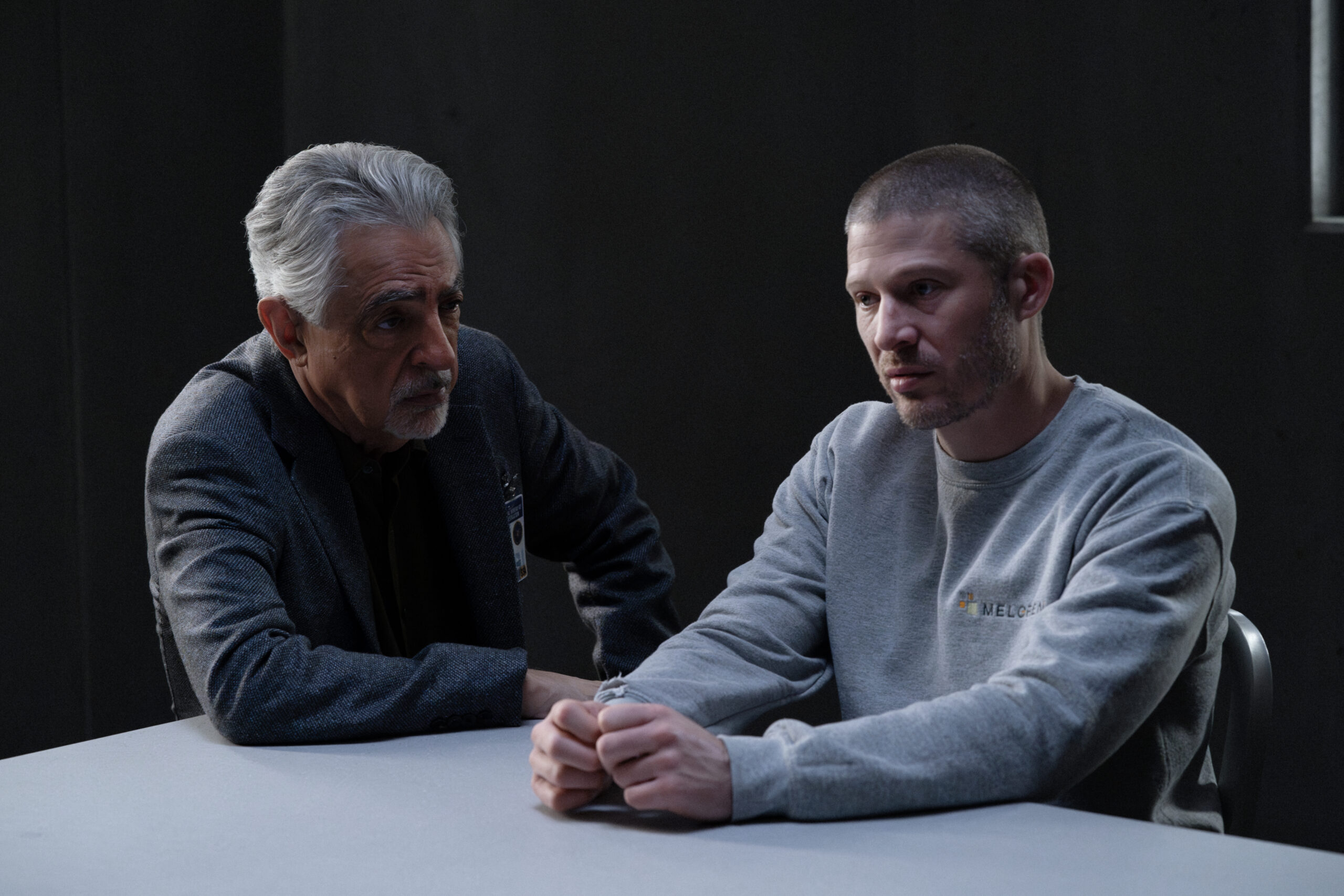 Joe Mantegna as David Rossi and Zach Gilford as Elias Voit in Criminal Minds: Evolution, episode 9, season 18 Col1ateRal | Tell-Tale TV Joe Mantegna as David Rossi and Zach Gilford as Elias Voit in Criminal Minds: Evolution, episode 9, season 18 Col1ateRal