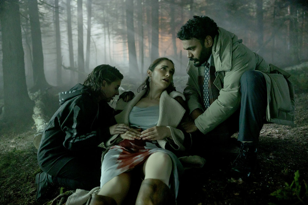 Revival Season 1 Episode 5 - Romy Weltman, Melanie Scrofano and Andy McQueen | Tell-Tale TV Still from Revival Season 1 Episode 5 of Romy Weltman as Martha 'Em" Cypress, Melanie Scrofano as Dana Cypress and Andy McQueen as Ibrahim Ramin pictured from left to right.