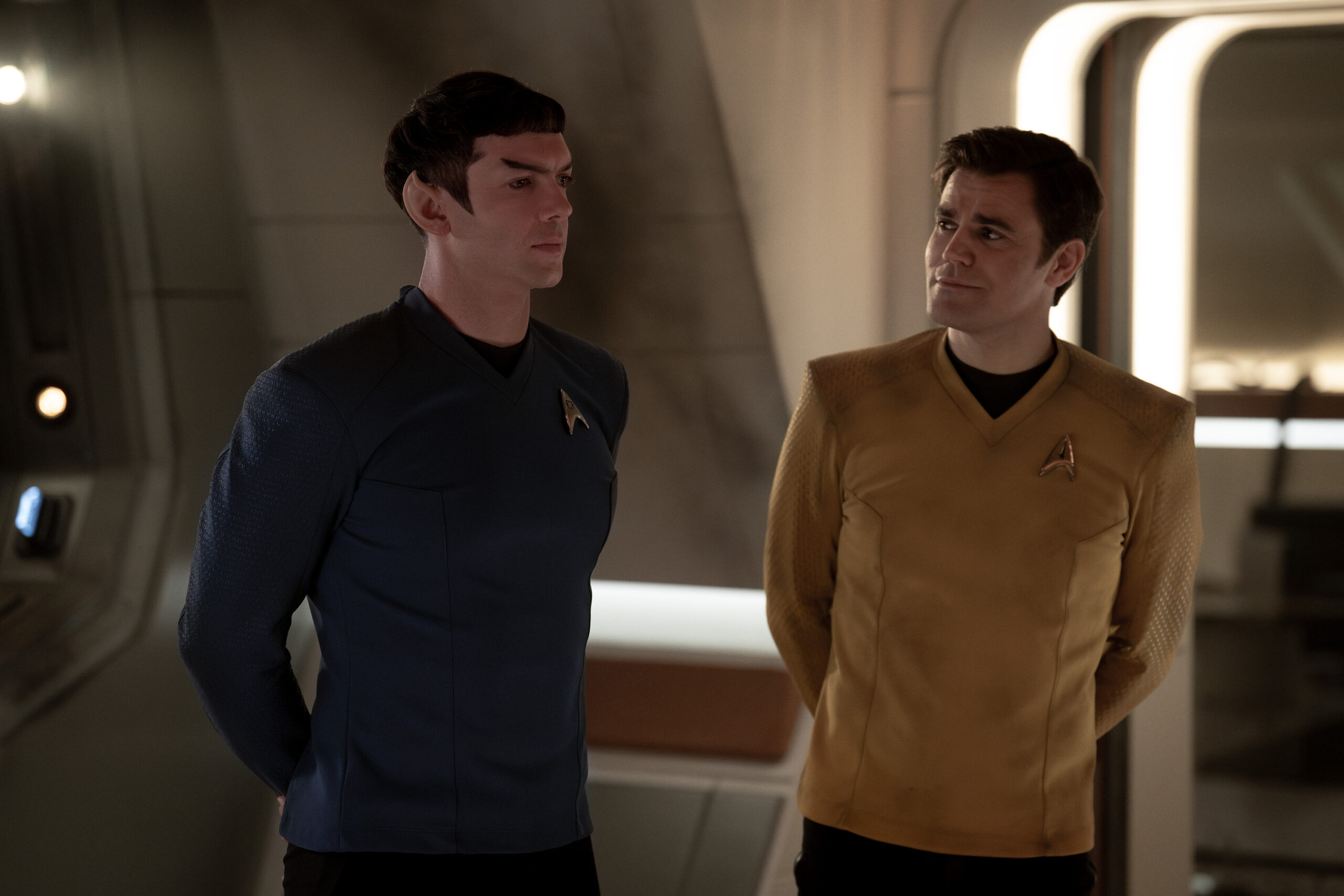 Star Trek: Strange New Worlds Season 3 - (l-r) Ethan Peck as Spock and Paul Wesley as Kirk