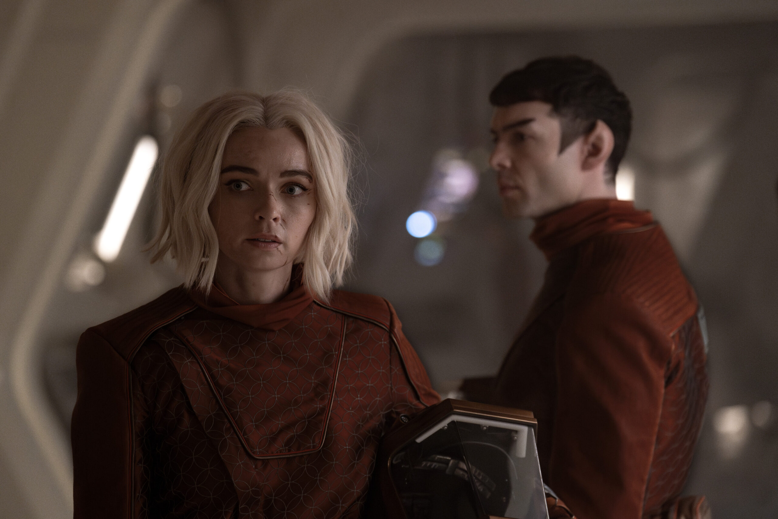 Hegemony Part II | Tell-Tale TV Jess Bush as Chapel and Ethan Peck as Spock on Star Trek: Strange New Worlds Season 3 Episode 1, "Hegemony, Part II."