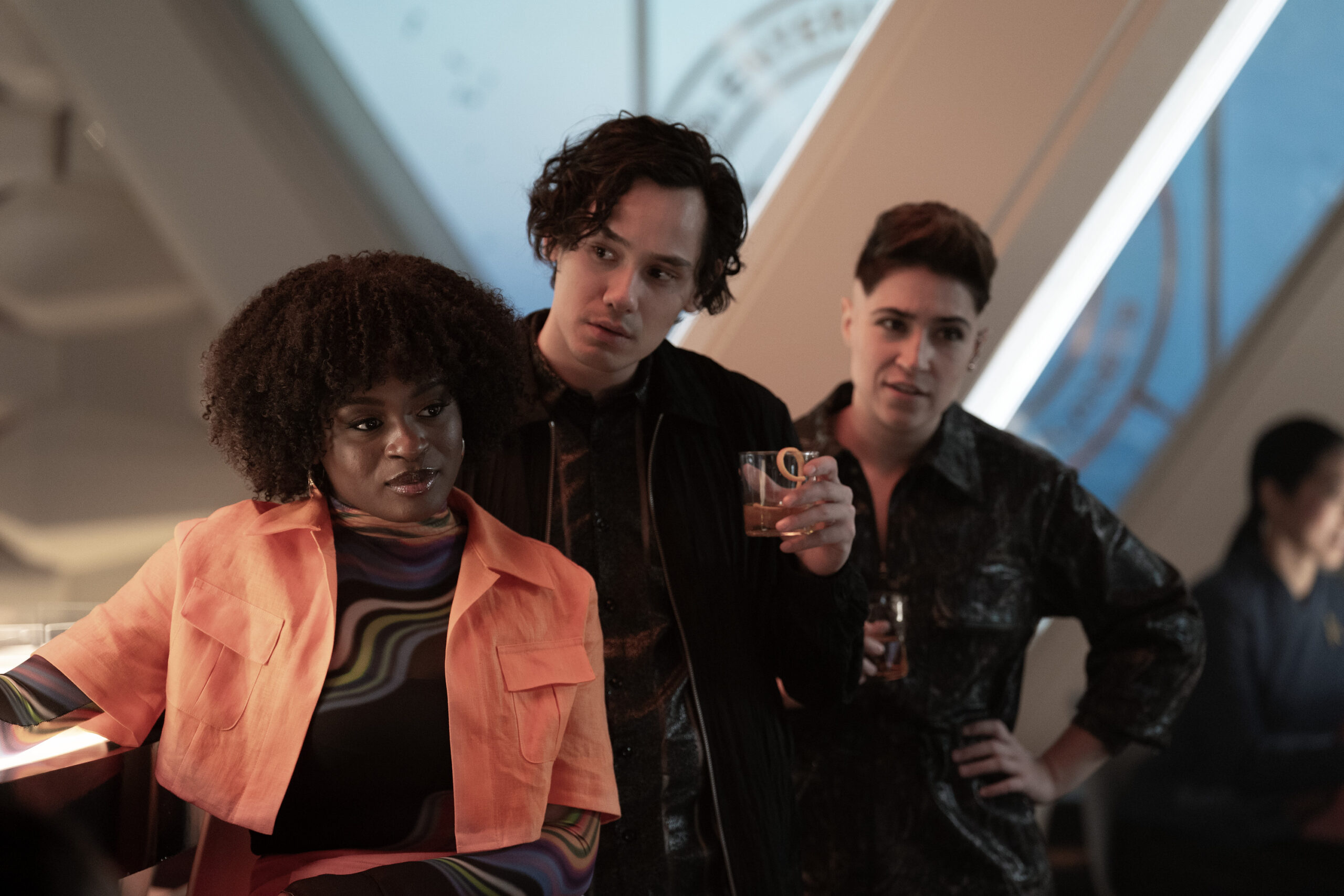Wedding Bell Blues | Tell-Tale TV Celia Rose Gooding as Uhura, Mynor Luken as Beto, and Melissa Navia as Ortegas on Star Trek: Strange New Worlds Season 3 Episode 2, "Wedding Bell Blues."