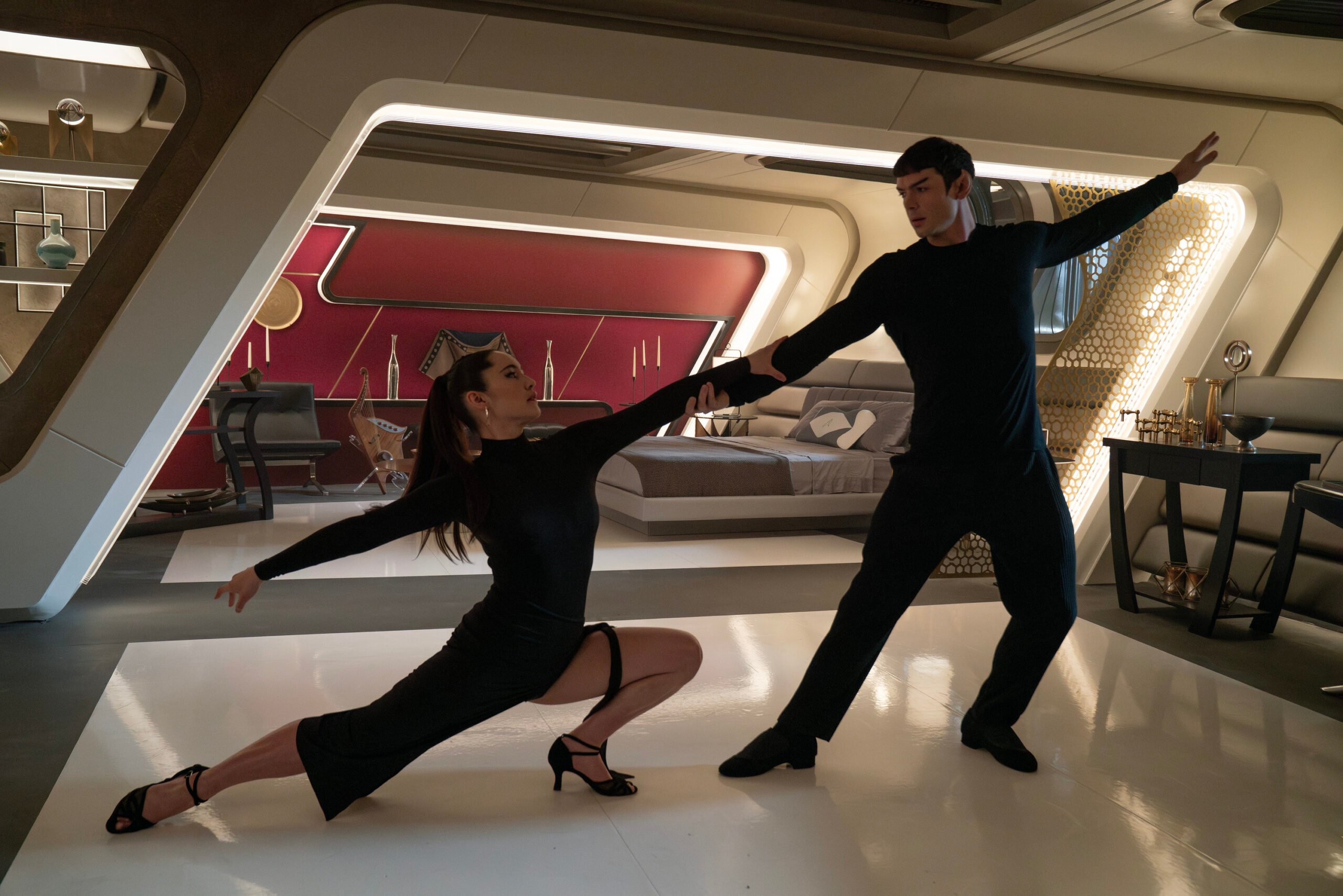 A Space Adventure Hour | Tell-Tale TV Christina Chong as La'an and Ethan Peck as Spock on Star Trek: Strange New Worlds Season 3 Episode 4, "A Space Adventure Hour."
