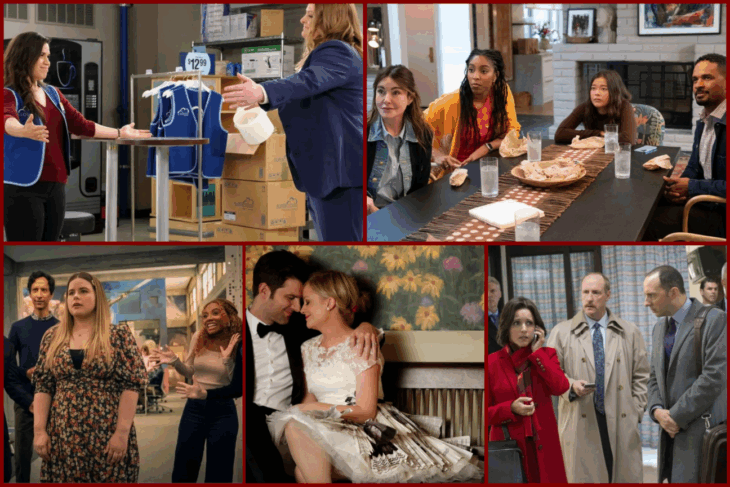 Collage of the Top Workplace Comedies which includes stills from Superstore, Shrinking, Mythic Quest, Parks and Recreation, and Veep 15 Best Workplace Comedies of the Last 25 Years 