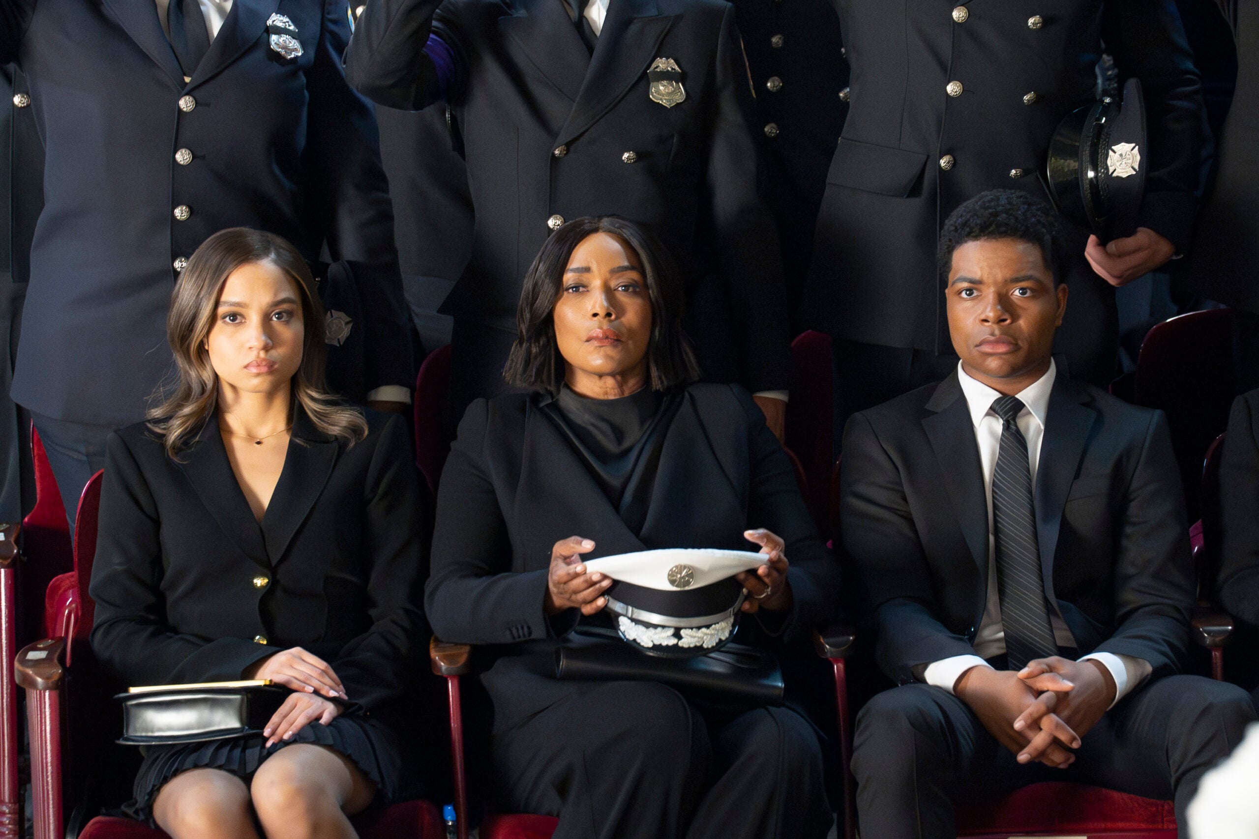 9-1-1 Season 8 Episode 16, "The Last Alarm" -- CORINNE MASSIAH, ANGELA BASSETT, ELIJAH M. COOPER