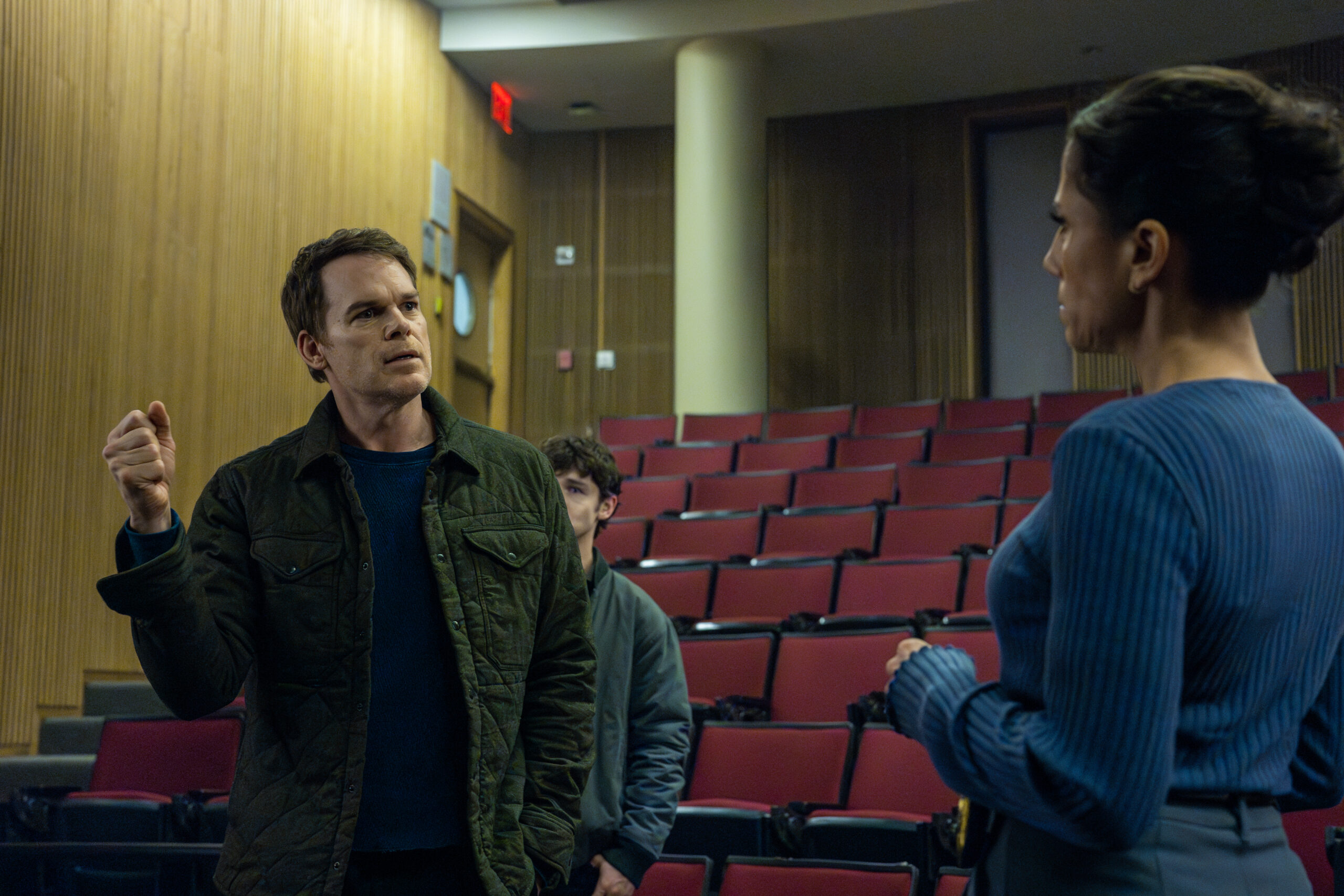 Course Correction | Tell-Tale TV Dexter: Resurrection Season 1 Episode 7, "Course Correction" - (l-r) Michael C. Hall as Dexter Morgan, Jack Alcott as Harrison Morgan, and Kadia Saraf as Detective Claudette Wallace