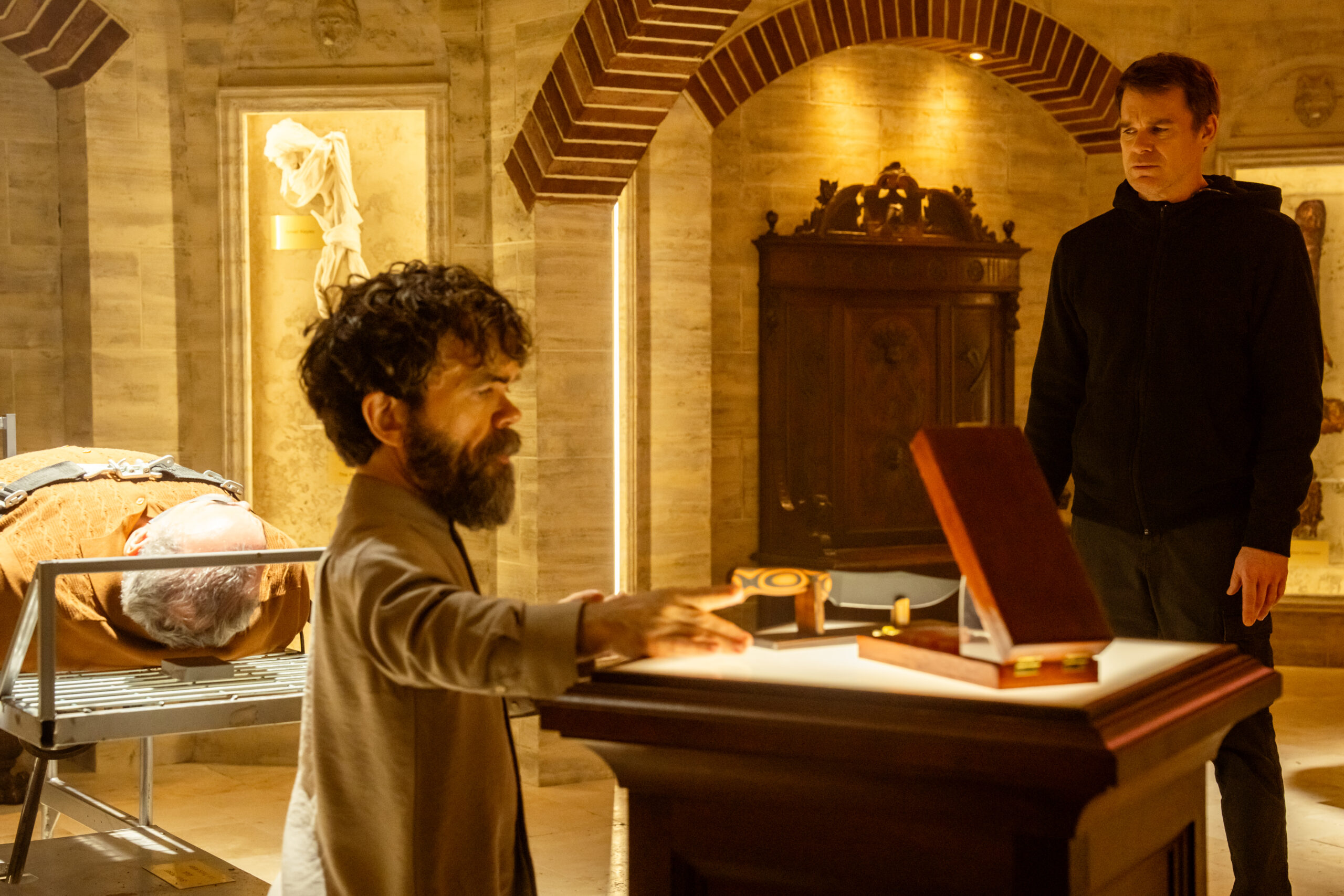 Dexter: Resurrection Season 1 Episode 9, "Touched By An Ángel" - (l-r) David Zayas as Angel Batista, Peter Dinklage as Leon Prater, and Michael C. Hall as Dexter Morgan