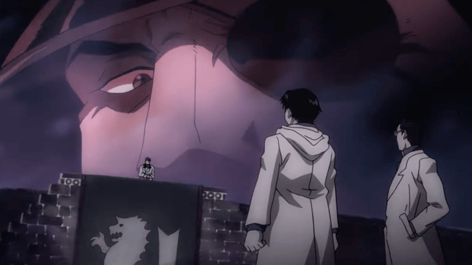 Screen Shot 2025-08-31 at 1.06.04 AM | Tell-Tale TV Fullmetal Alchemist: Brotherhood Title Sequence 3, Fuhrer Bradley looking down on Mustang and Hughes (Photo courtesy of Crunchyroll)