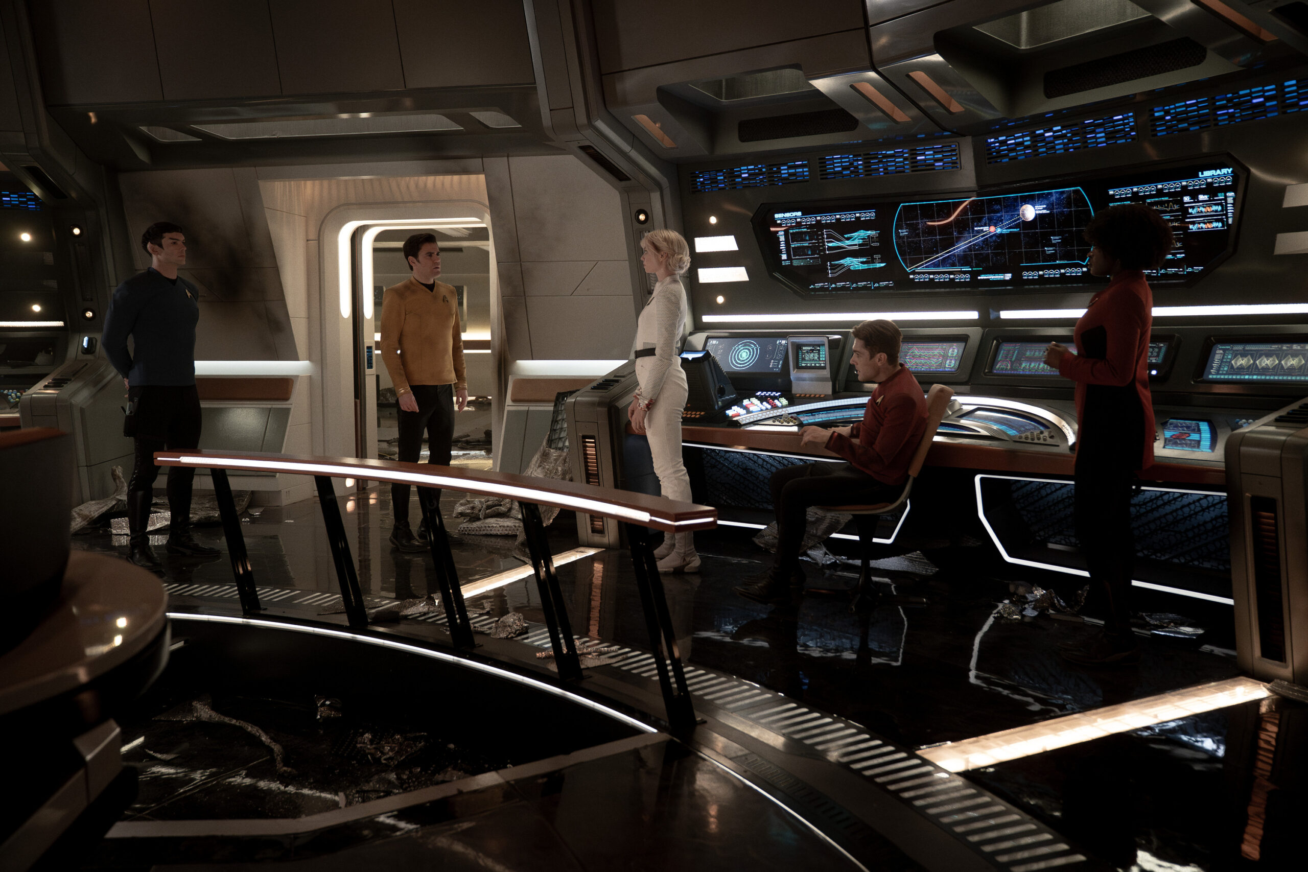 The Sehlat Who Ate Its Tail | Tell-Tale TV Ethan Peck as Spock, Paul Wesley as Kirk, Jess Bush as Chapel, Martin Quinn as Scotty, and Celia Rose Gooding as Uhura on Star Trek: Strange New Worlds Season 3 Episode 6, "The Sehlat Who Ate Its Tail."