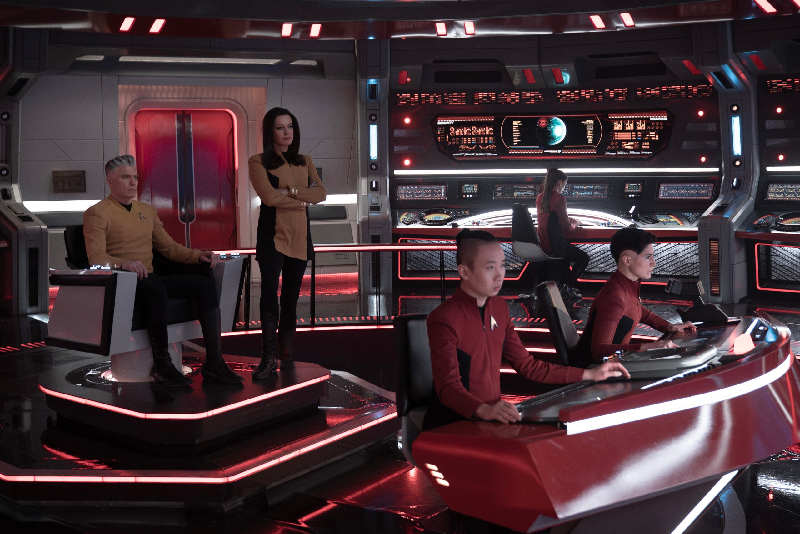 Anson Mount as Pike, Rebecca Romijn as Number One, and Melissa Navia as Ortegas on Star Trek: Strange New Worlds Season 3 Episode 7, "What Is Starfleet?"