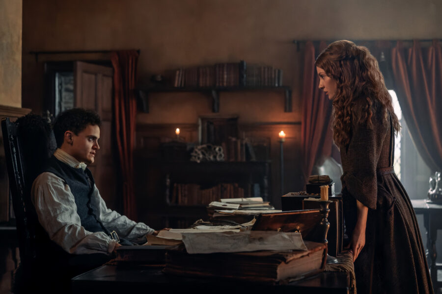 Outlander: Blood of my Blood 103 — School of the Moon, Left to Right: Séamus McLean Ross (“Colum MacKenzie”) and Harriet Slater (“Ellen MacKenzie”)
