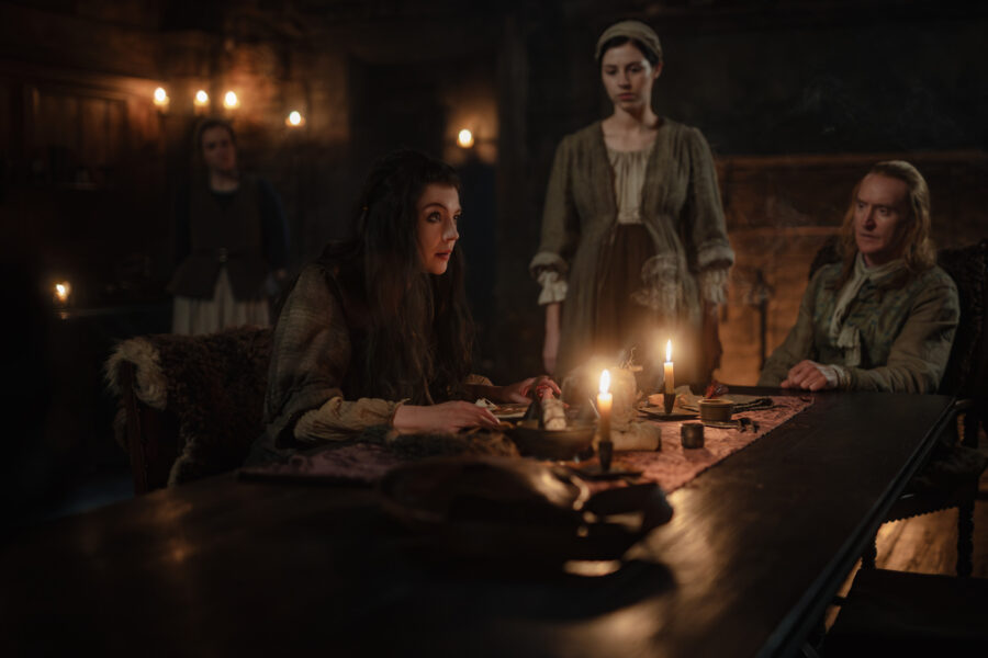 Outlander: Blood of my Blood 105 — Needfire, Left to Right: Sara Vickers (“Davina Porter”), Katharine O'Donnelly ("Maisri"), Hermione Corfield (“Julia Moriston Beauchamp”), and Tony Curran (“Simon Fraser ‘Lord Lovat’”)