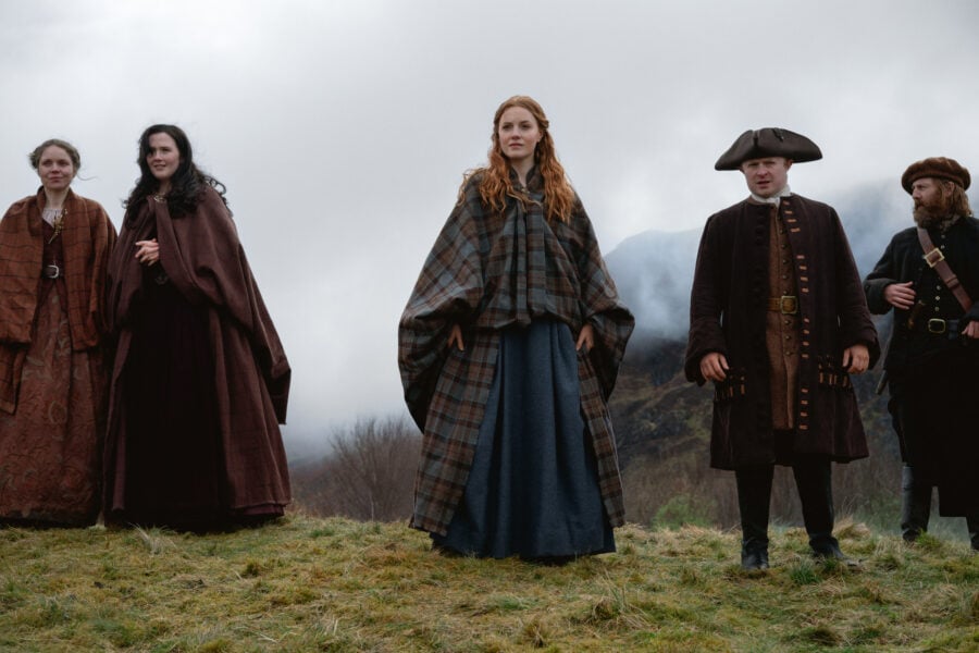Outlander: Blood of my Blood 105 — Needfire, Left to Right: Sadhbh Mailn (“Jocasta MacKenzie Cameron”), Harriet Slater (“Ellen MacKenzie”), and Conor MacNeill (“Ned Gowan”