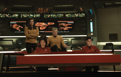 Rebecca Romijn as Una, Anson Mount as Pike, Rong Fu as Mitchell, and Melissa Navia as Ortegas on Star Trek: Strange New Worlds Season 3 Episode 10, "New Life and New Civilizations." Star Trek: Strange New Worlds Season 3 Episode 10 Review: New Life and New Civilizations 