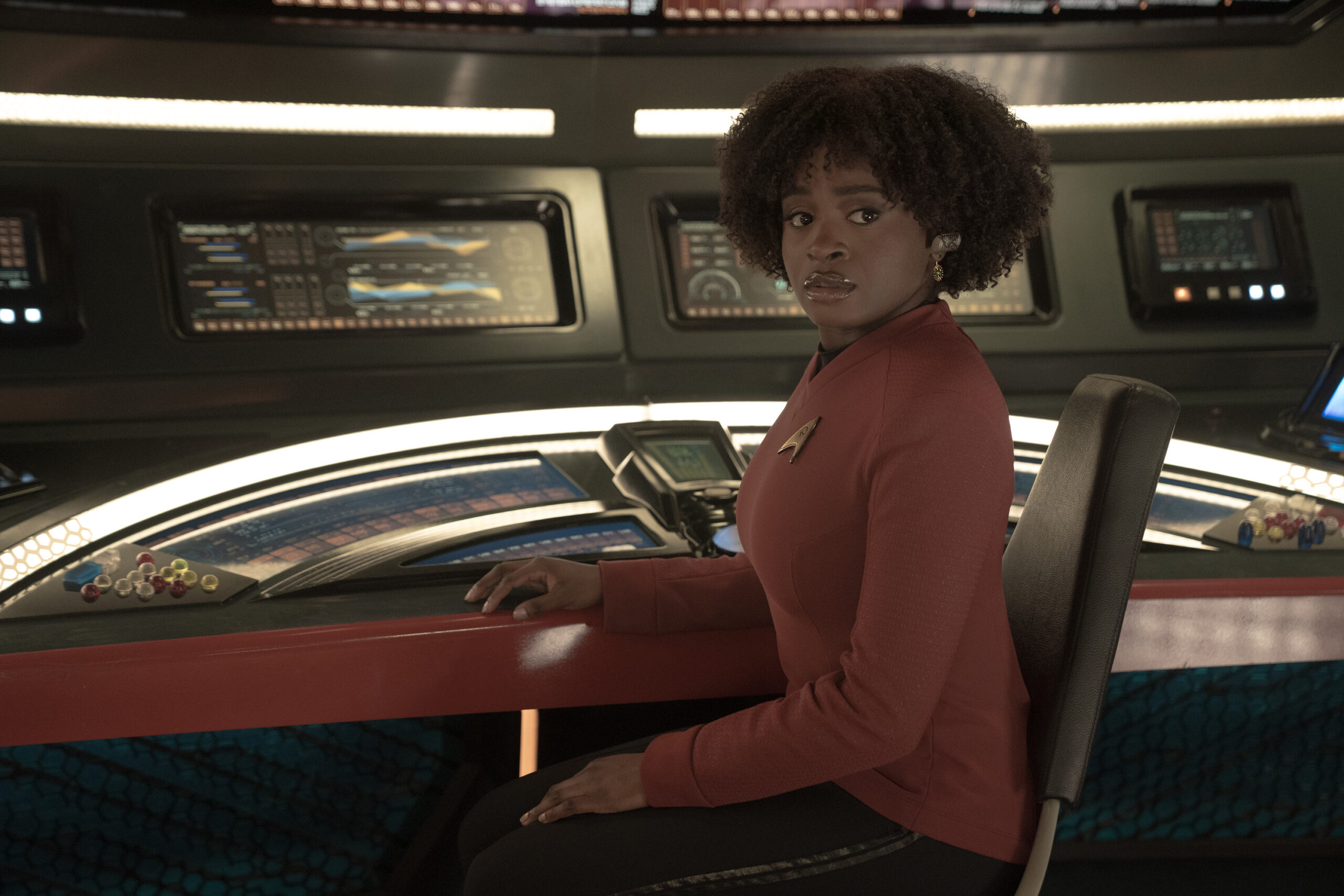 Celia Rose Gooding as Uhura on Star Trek: Strange New Worlds Season 3 Episode 9, "Terrarium."