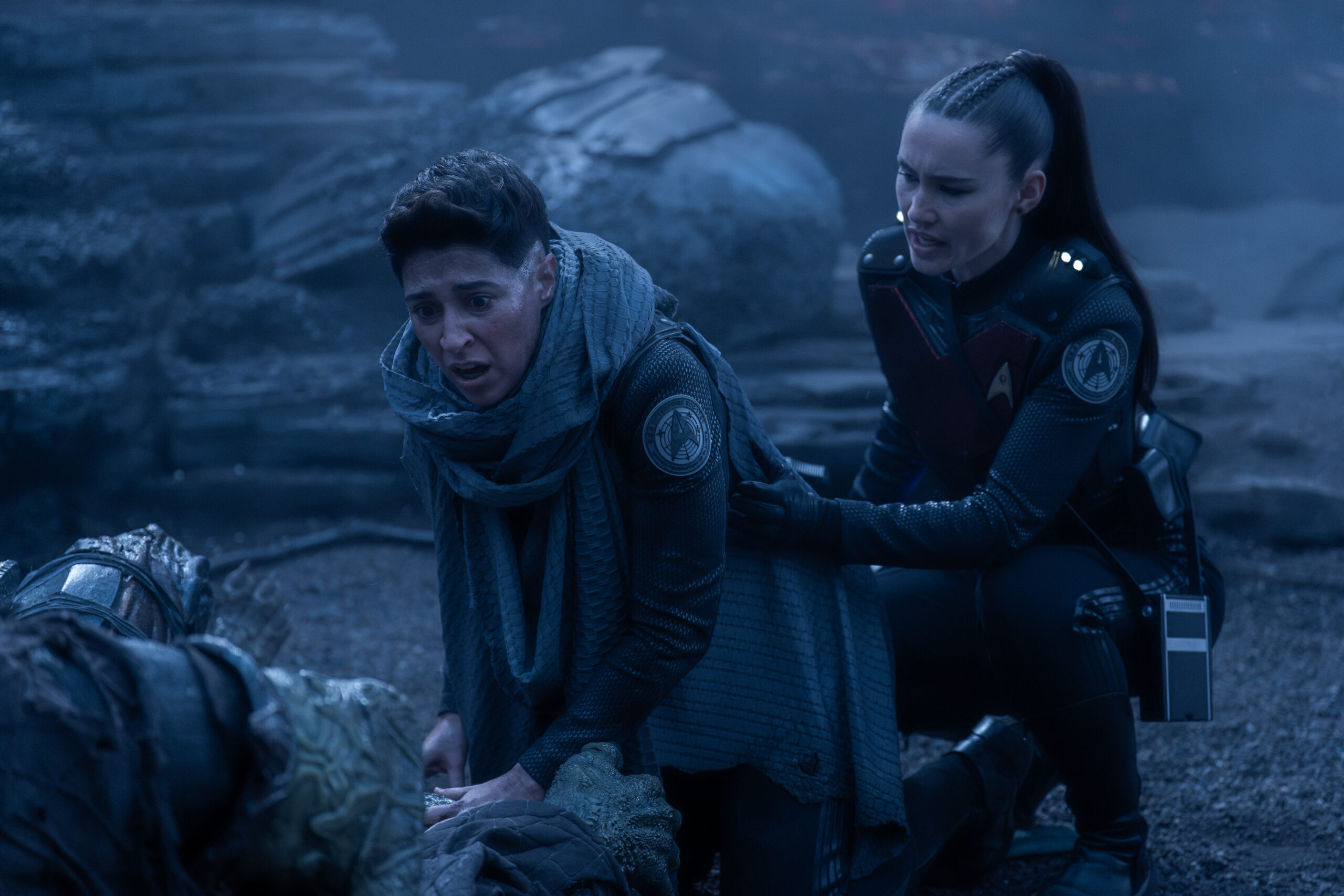 Melissa Navia as Ortegas and Christina Chong as La'an on Star Trek: Strange New Worlds Season 3 Episode 9, "Terrarium."