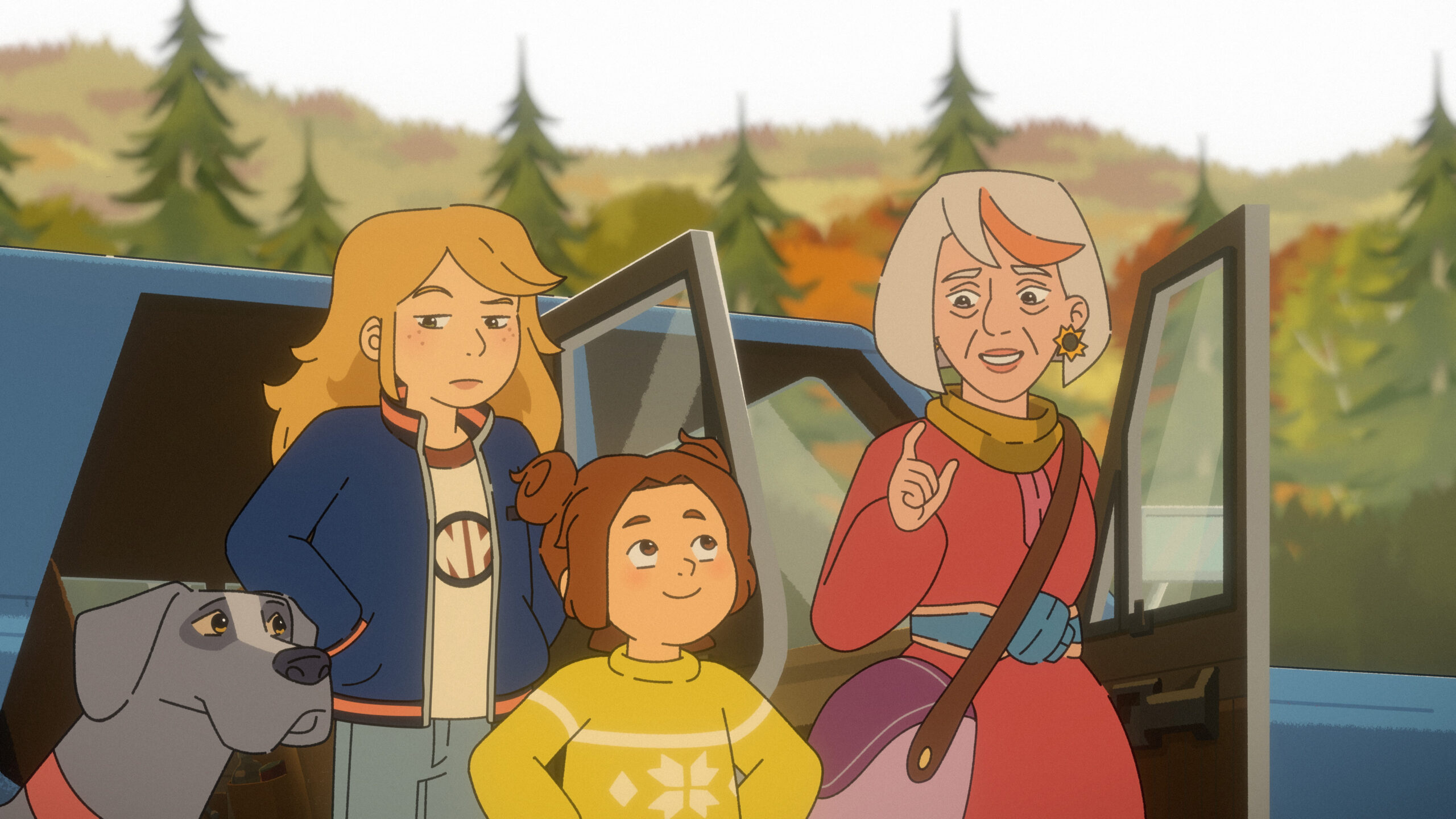 Ainda as irmãs de Elvis, Sabrina, Daffne e Rilda ficam da esquerda para a direita em frente ao carro azul.