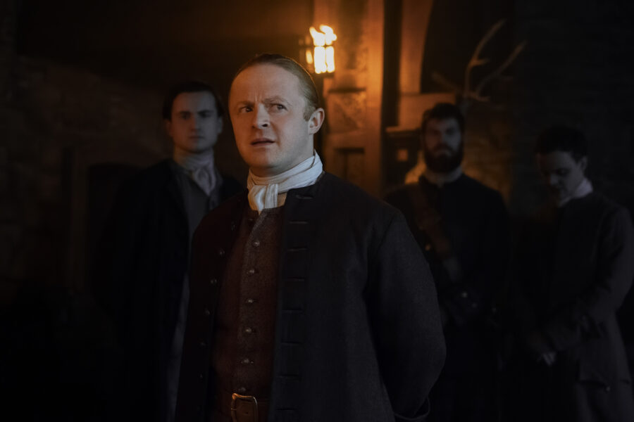 Outlander: Blood of my Blood 108 — A Virtuous Woman, Left to Right: Conor MacNeill (“Ned Gowan”), Sam Retford (“Dougal MacKenzie”), and Séamus McLean Ross (“Colum MacKenzie”)