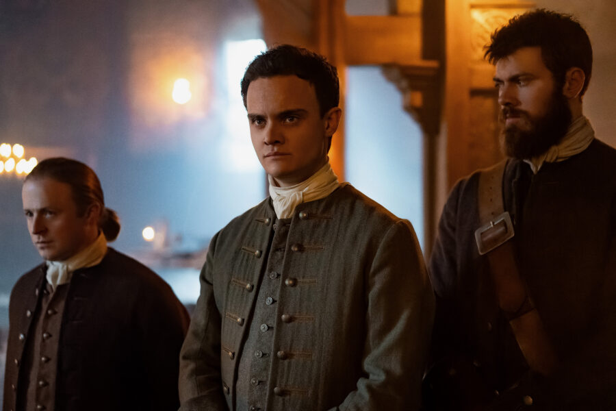Outlander: Blood of my Blood 108 — A Virtuous Woman, Left to Right: Conor MacNeill (“Ned Gowan”), Séamus McLean Ross (“Colum MacKenzie”), and Sam Retford (“Dougal MacKenzie”)