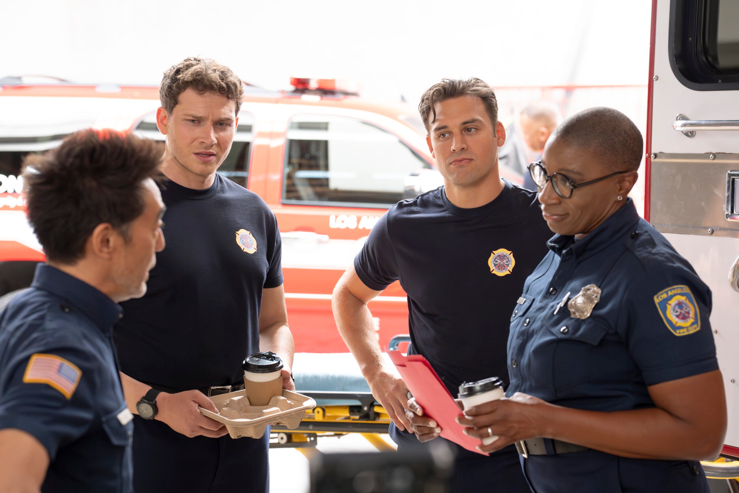 9-1-1 Season 9 Episode 1, "Eat the Rich" | Tell-Tale TV 9-1-1 Season 9 Episode 1, "Eat the Rich" -- KENNETH CHOI, OLIVER STARK, RYAN GUZMAN, AISHA HINDS