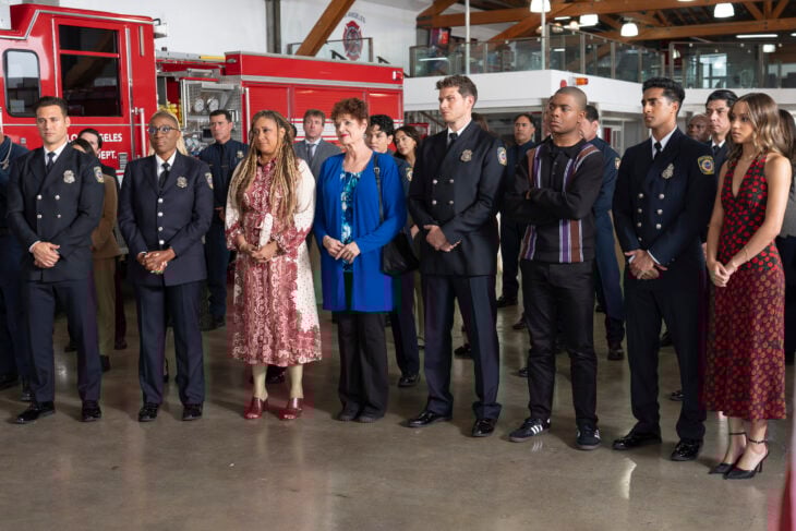 9-1-1 Season 9 Episode 1, "Eat the Rich" -- RYAN GUZMAN, AISHA HINDS, TRACIE THOMS, DEBRA CHRISTOFFERSON, OLIVER STARK, ELIJAH M. COOPER, ANIRUDH PISHARODY, CORINNE MASSIAH