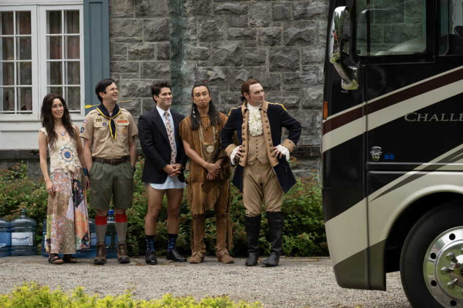 “Viking Wedding” – GHOSTS Season 5 Episode 2. Pictured (L-R): Sheila Carrasco as Flower, Richie Moriarty as Pete, Asher Grodman as Trevor, Román Zaragoza as Sasappis, and Brandon Scott Jones as Isaac. Photo: Bertrand Calmeau/CBS ©2025 CBS Broadcasting, Inc. All Rights Reserved.