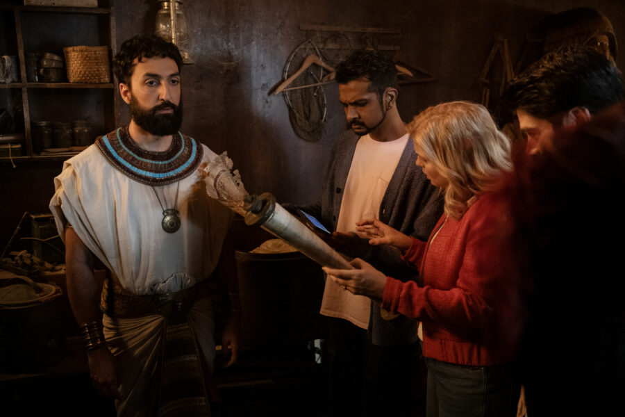 “Halloween 5: The Mummy” – GHOSTS. Pictured (L-R): Farhang Ghajar as Amunhotep, Utkarsh Ambudkar as Jay and Rose McIver as Samantha.