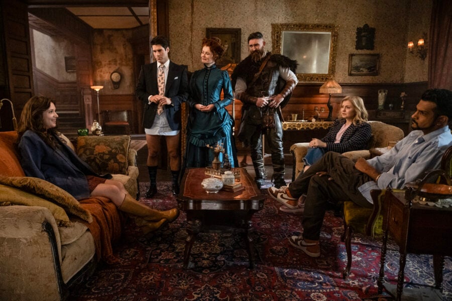 “Bring Your Daughter to Work Day” – GHOSTS. Pictured (L-R): Gideon Adlon as Abby, Asher Grodman as Trevor, Rebecca Wisocky as Hetty, Devan Chandler Long as Thorfinn, Rose McIver as Samantha, and Utkarsh Ambudkar as Jay. | Tell-Tale TV “Bring Your Daughter to Work Day” – GHOSTS. Pictured (L-R): Gideon Adlon as Abby, Asher Grodman as Trevor, Rebecca Wisocky as Hetty, Devan Chandler Long as Thorfinn, Rose McIver as Samantha, and Utkarsh Ambudkar as Jay.