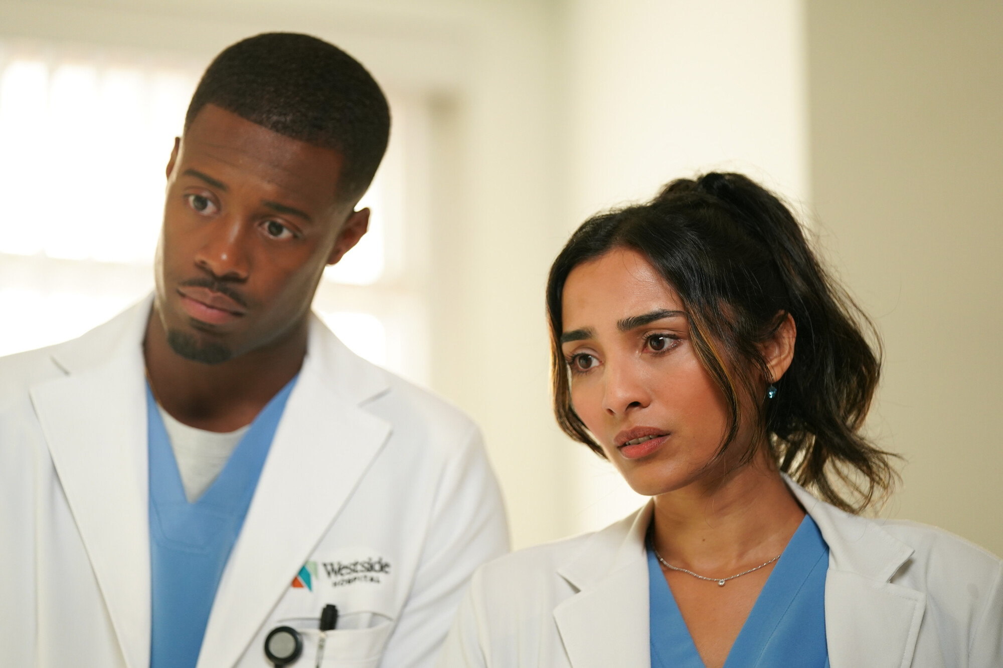 Still from Doc Season 2 Episode 6 of Patrick Walker and Anya Banerjee pictured from left to right.