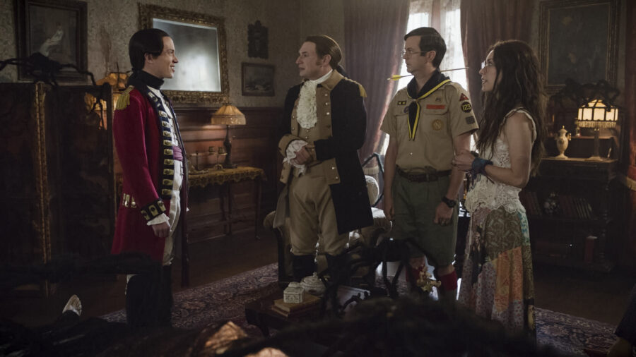 “Halloween 5: The Mummy” – GHOSTS. Pictured (L-R): John Hartman as Nigel Chessum, Brandon Scott Jones as Isaac, Richie Moriarty as Pete, and Sheila Carrasco as Flower.