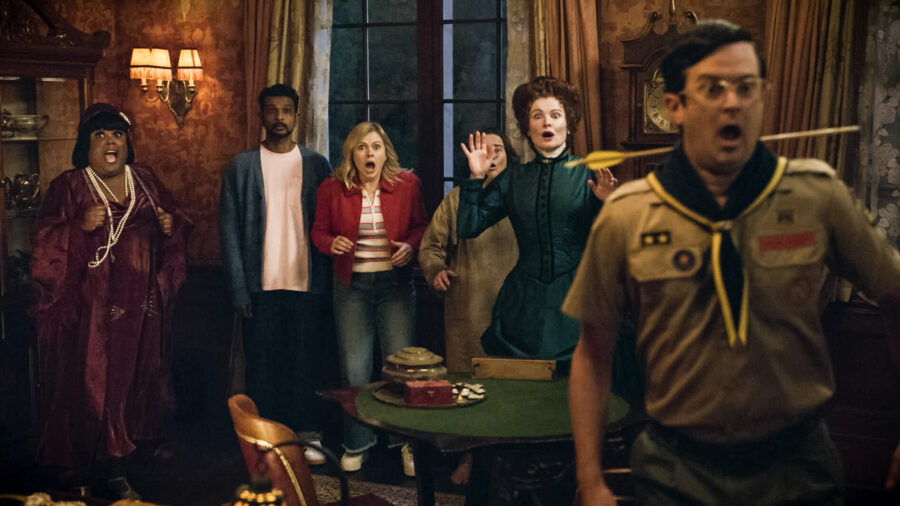 “Halloween 5: The Mummy” – GHOSTS. Pictured (L-R): Danielle Pinnock as Alberta, Utkarsh Ambudkar as Jay, Rose McIver as Samantha, Rebecca Wisocky as Hetty, and Richie Moriarty as Pete.
