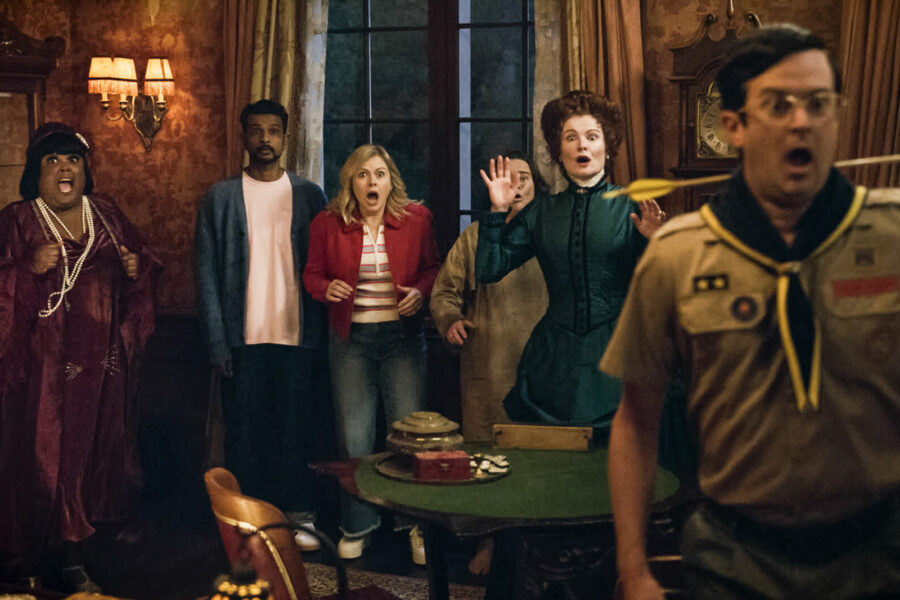 “Halloween 5: The Mummy” – GHOSTS. Pictured (L-R): Danielle Pinnock as Alberta, Utkarsh Ambudkar as Jay, Rose McIver as Samantha, Rebecca Wisocky as Hetty, and Richie Moriarty as Pete.