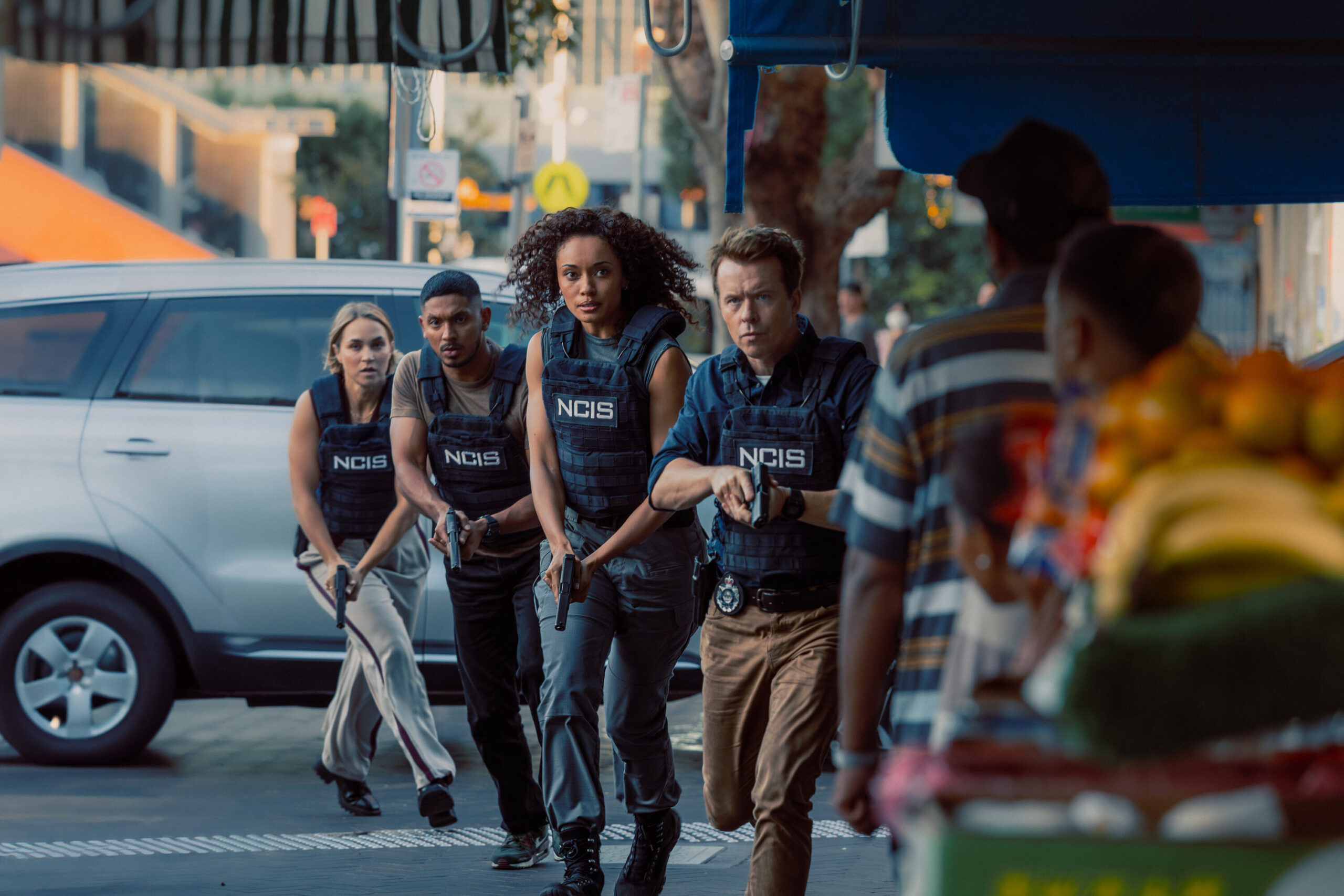 NCIS: Sydney Season 3 Episode 1, "Gut Instinct" -- Tuuli Narkle as AFP Liaison Officer Constable Evie Cooper, Sean Sagar as NCIS Special Agent DeShawn Jackson, Olivia Swann as NCIS Special Agent Captain Michelle Mackey and Todd Lasance as AFP Liaison Officer Sergeant Jim 'JD' Dempsey
