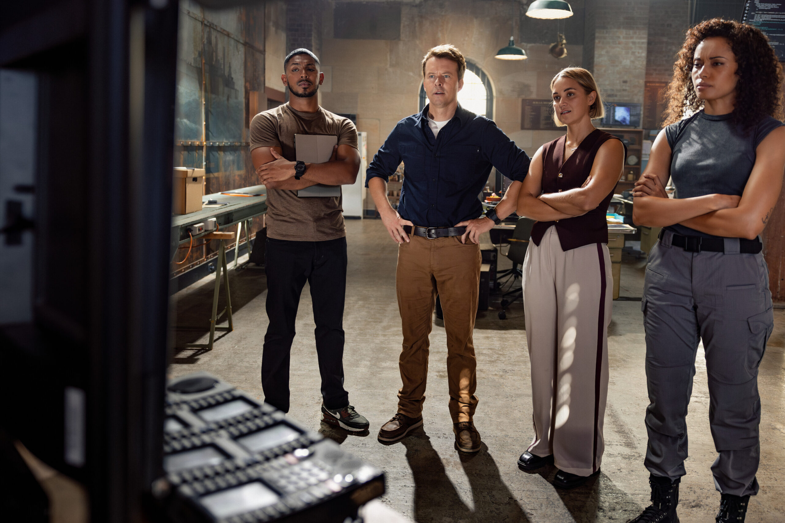 NCIS: Sydney Season 3 Episode 1, "Gut Instinct" -- Sean Sagar as NCIS Special Agent DeShawn Jackson, Todd Lasance as AFP Liaison Officer Sergeant Jim 'JD' Dempsey, Tuuli Narkle as AFP Liaison Officer Constable Evie Cooper and Olivia Swann as NCIS Special Agent Captain Michelle Mackey
