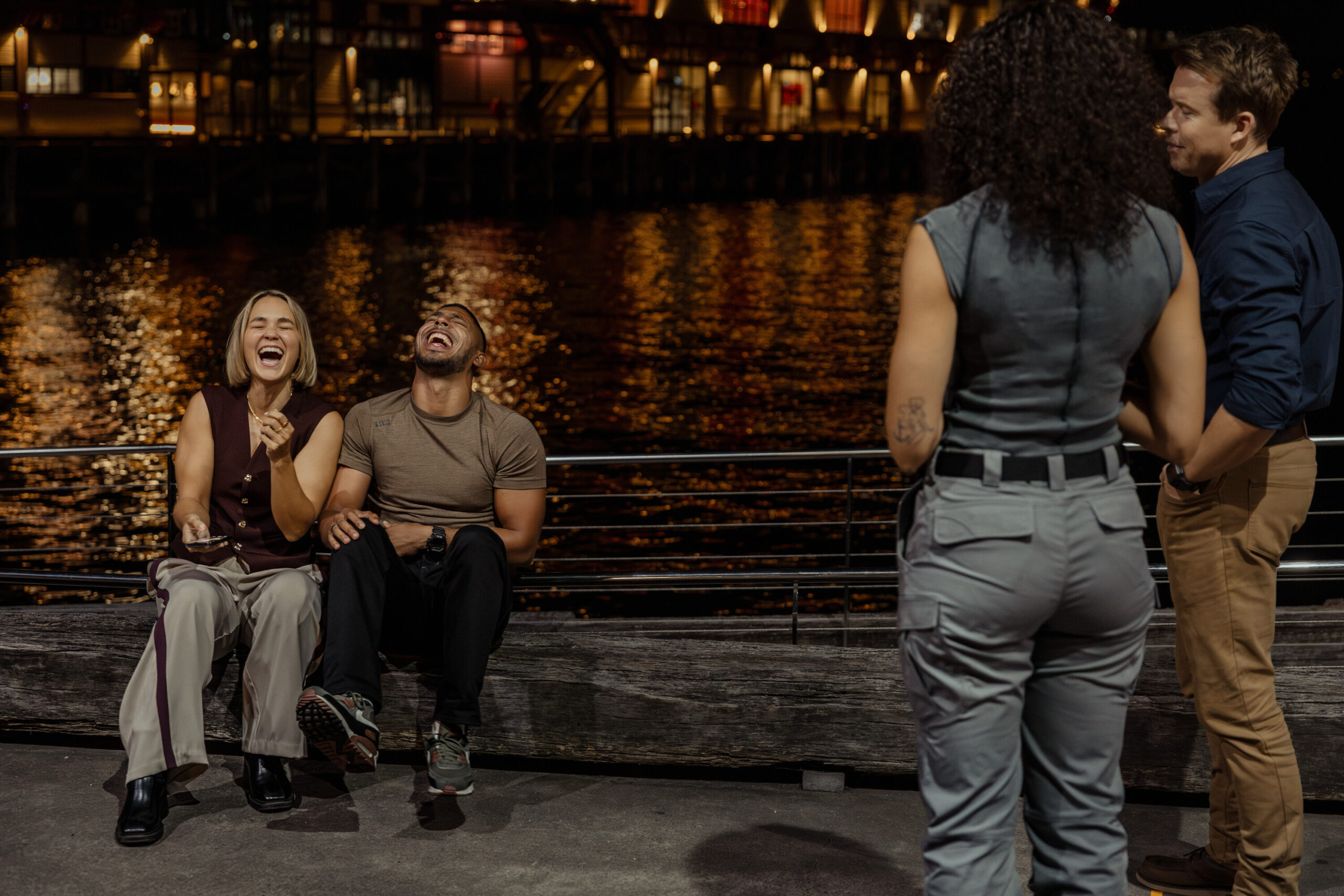 NCIS: Sydney Season 3 Episode 1, "Gut Instinct" -- Tuuli Narkle as AFP Liaison Officer Constable Evie Cooper, Sean Sagar as NCIS Special Agent DeShawn Jackson, Olivia Swann as NCIS Special Agent Captain Michelle Mackey and Todd Lasance as AFP Liaison Officer Sergeant Jim 'JD' Dempsey