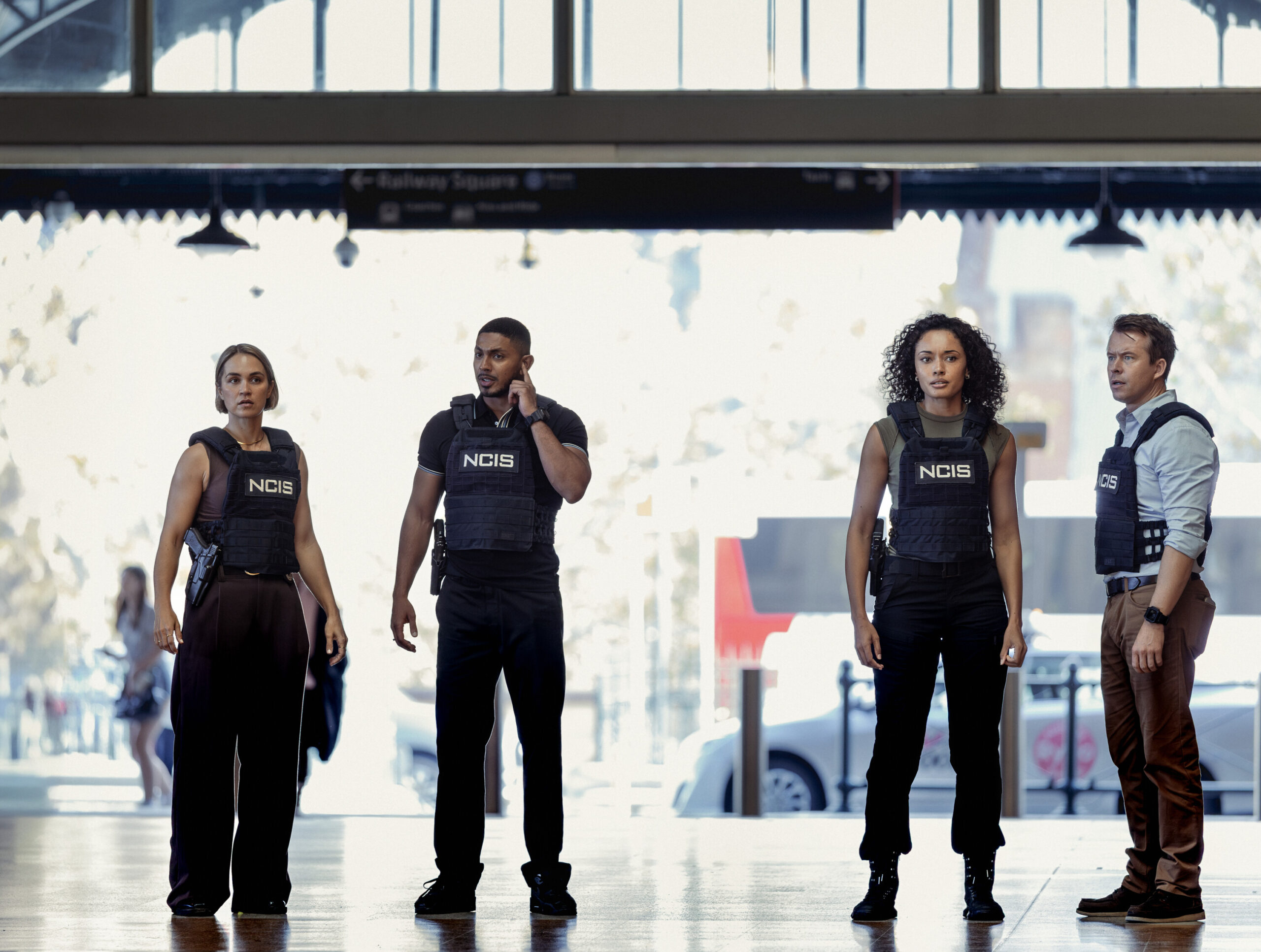 NCIS: Sydney Season 3, Episode 3, "Lost In Translation" -- Tuuli Narkle as AFP Liaison Officer Constable Evie Cooper, Sean Sagar as NCIS Special Agent DeShawn Jackson, Olivia Swann as NCIS Special Agent Captain Michelle Mackey, and Todd Lasance as AFP Liaison Officer Sergeant Jim 'JD' Dempsey