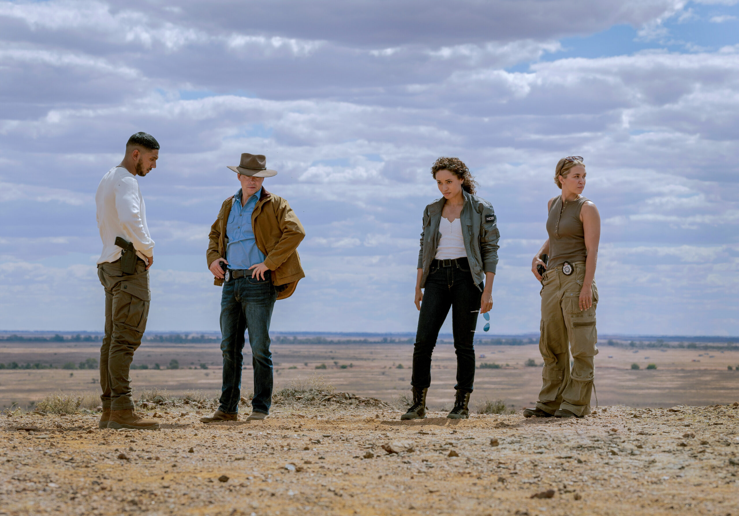 NCIS: Sydney Season 3 Episode 4, "The Truth Is Outback" -- Sean Sagar as NCIS Special Agent DeShawn Jackson, Todd Lasance as AFP Liaison Officer Sergeant Jim 'JD' Dempsey, Olivia Swann as NCIS Special Agent Captain Michelle Mackey and Tuuli Narkle as AFP Liaison Officer Constable Evie Cooper