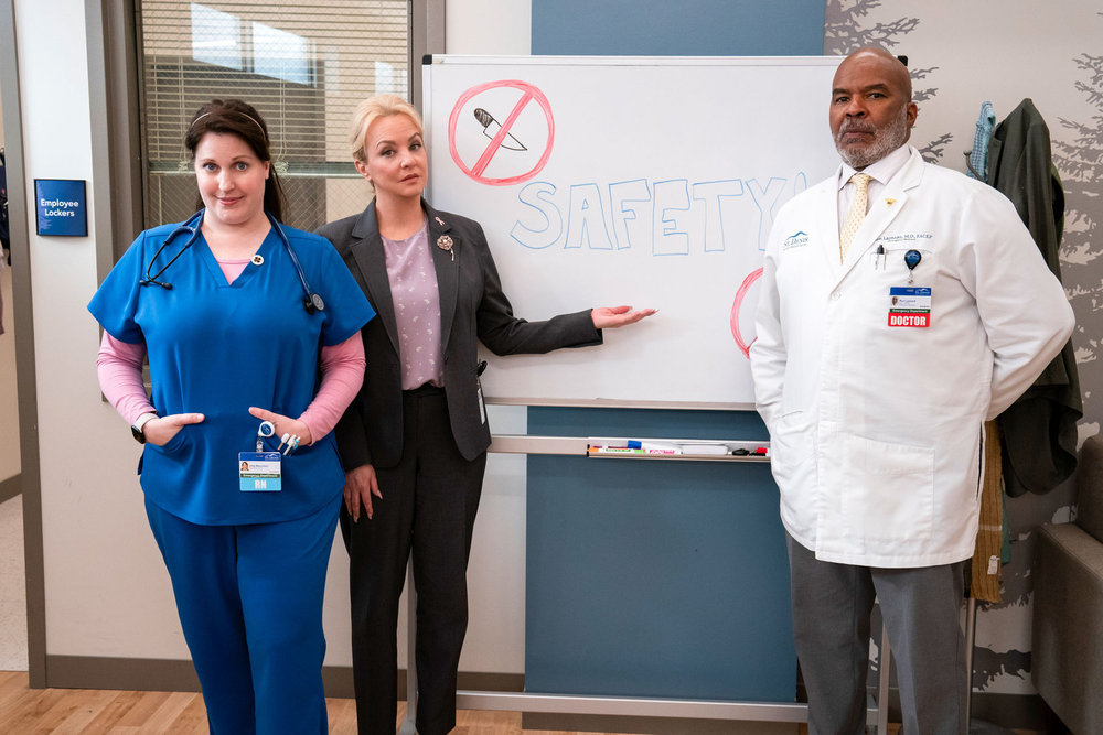 St. Denis Medical - Season 2 | Tell-Tale TV St. Denis Medical Season 2 Episode 2, "Mama Bear Activated" - (l-r) Allison Tolman as Alex, Wendi Mclendon-Covey as Joyce, and David Alan Grier as Dr. Ron