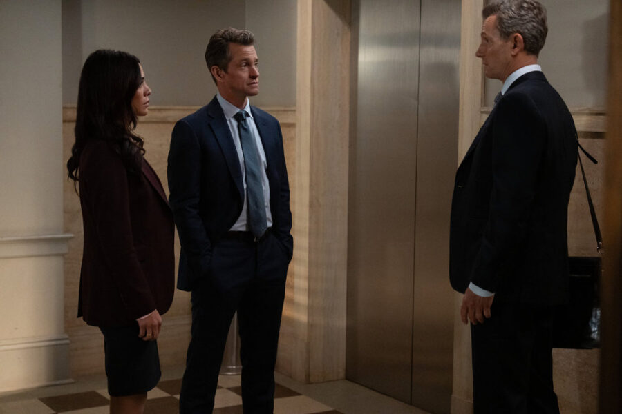 Law & Order - Season 25 | Tell-Tale TV Law & Order Season 25 Episode 3, "White Lies" - (l-r) Odelya Halevi as ADA Samantha Maroun, Hugh Dancy as ADA Nolan Price, and Tony Goldwyn as District Attorney Nicholas Baxter